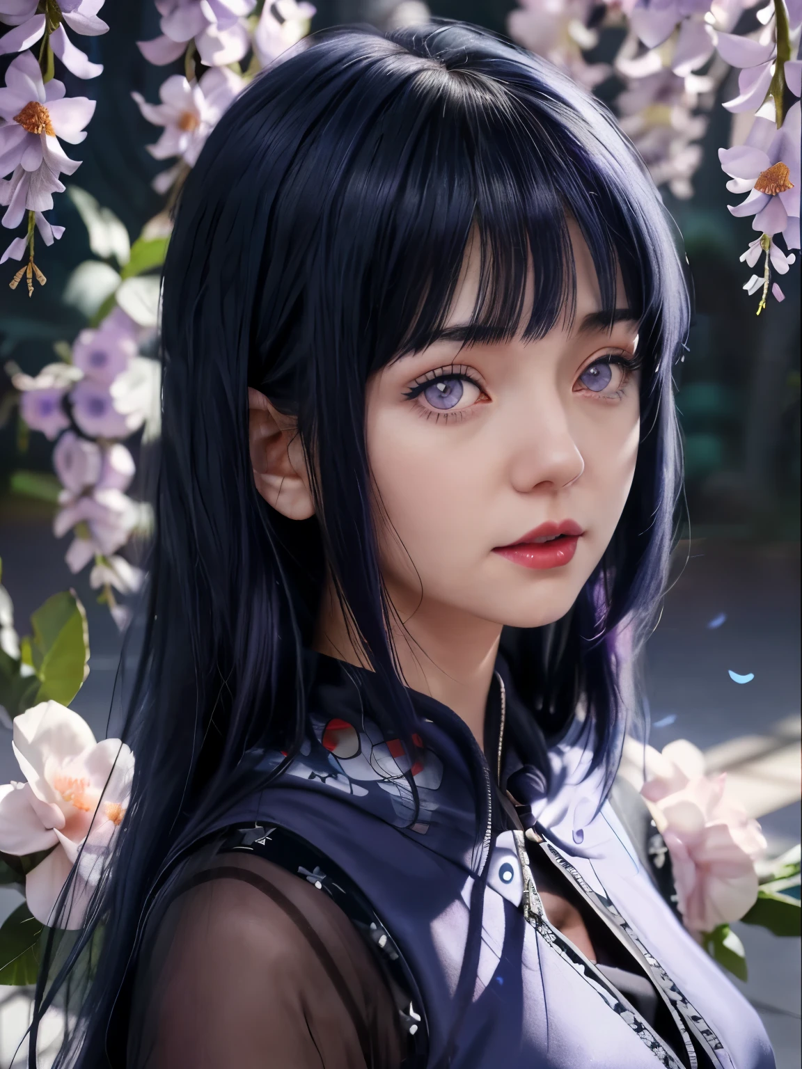 a close up of a person with long hair and a hoodie, hinata hyuga, hinata hyuga from naruto, from naruto, as an anime character, perfect anime face, she has dark blue hair with bangs, female anime character, anime character, anime best girl, hime cut hairstyle, dark blue hair, (red glossy lips:1.3), light purple eyes