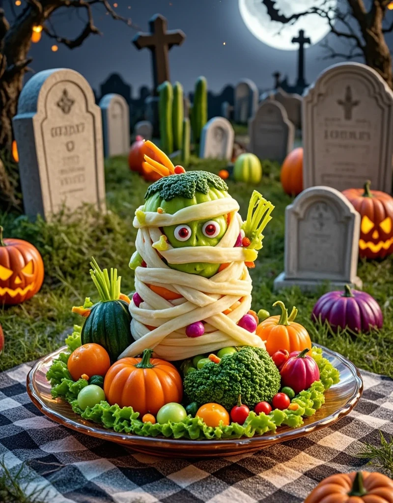 On Halloween night, all kinds of vegetables are cleverly put together to form a cute mummy, realistic photography, gourmet carvings, unique shapes, colorful colors, bright colors, standing on a high-end transparent jade plate, a gloomy cemetery, covered with a checkered tablecloth, Detail characterization, gourmet product photography, film and television lighting effects, advanced filters, octane rendering