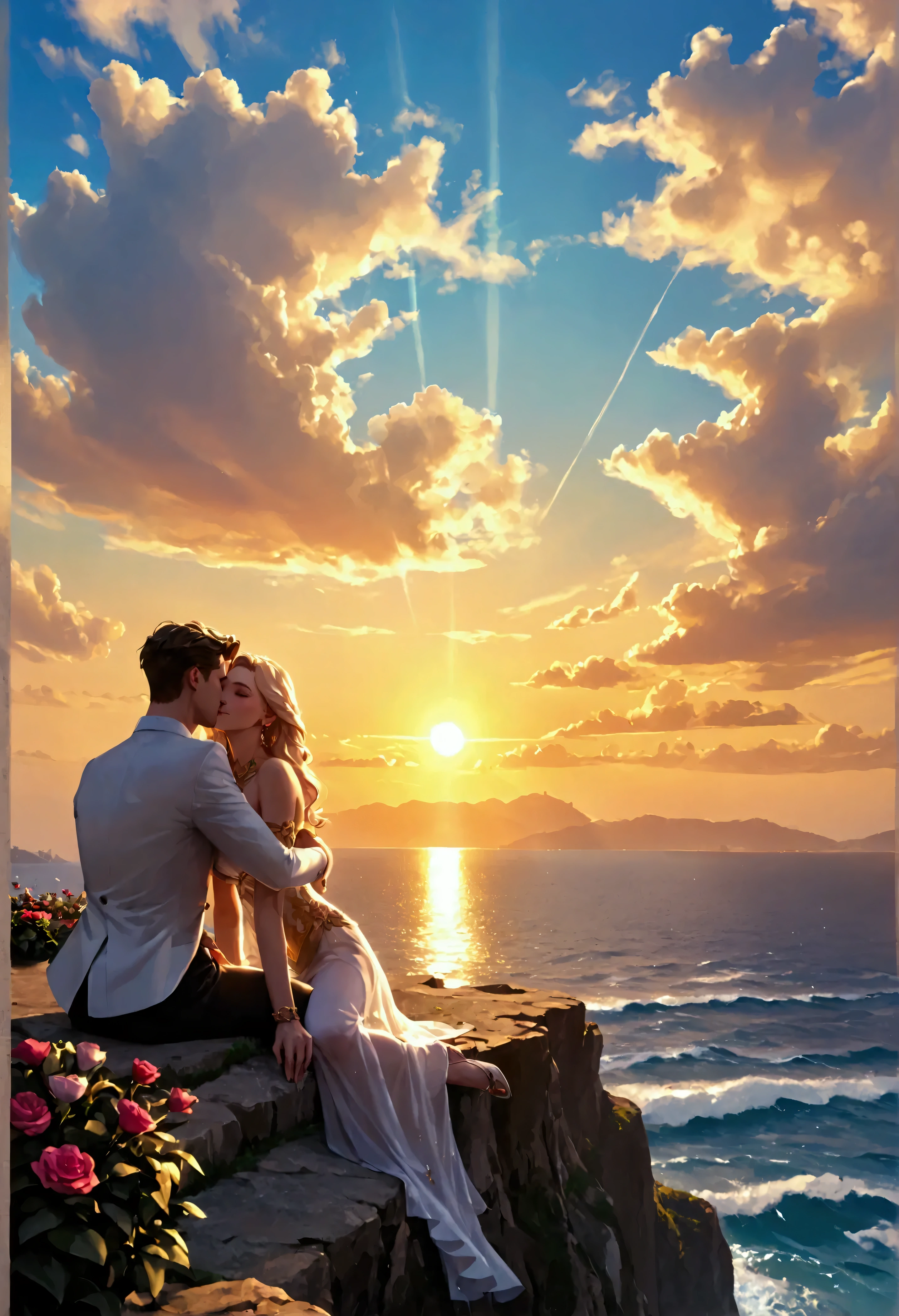 score_9, score_8_up, score_7_up a picture of a couple, a man and a woman,  sitting on the cliff near the sea, they hug and see the sunset, shadow plays, sun going down, divine rays,  vibrant, Ultra-high resolution, High Contrast, (masterpiece:1.5), highest quality, Best aesthetics), best details, best quality, highres, ultra wide angle, 16k, [ultra detailed], masterpiece, best quality, (extremely detailed), 