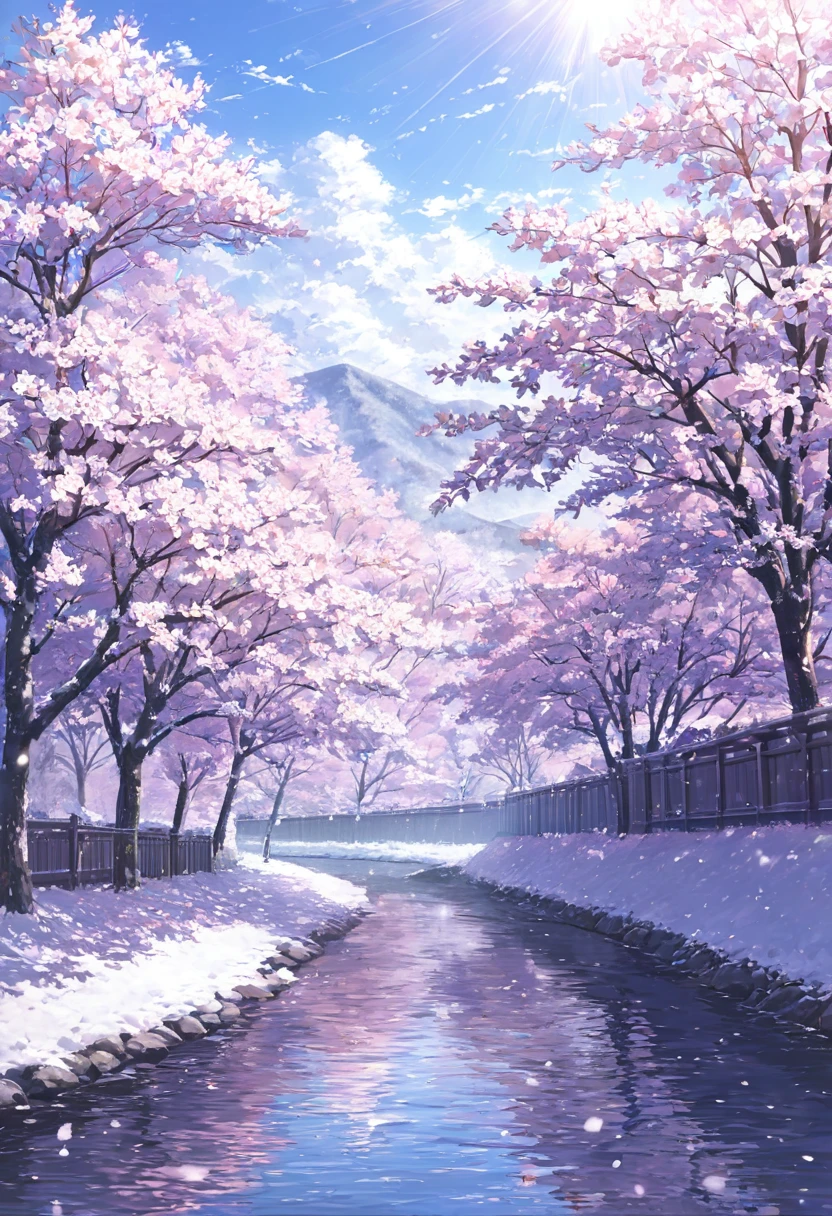 ((pastel))、 woman, river and Senbonzakura , cherry blossoms on one side per ,Cherry Blossom Snowstorm,Pink glow,noon, sunlight shines in, per view from a distance, moving scene 