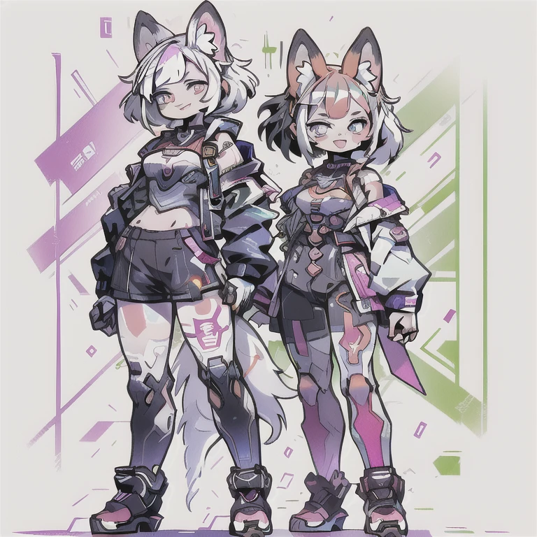 Female hairy purple fox,  fox ears, fox tail, gym clothes ,  wide hips , white skin body, simple background, Whole body, standing, Chibi. (cyberpunk style), ( masterpiece ,  high quality ,  best quality, 8k,  High resolution), ((chibi style, Chibi cute)), (Alone, A girl  ), {fox girl, Fox Face, 2 fangs , long eyelashes, eyeliner} {fox mustaches }, ((( Fox skin all over the body,  fox stripes on the body , visible ears  ))), ((Long rainbow hair)), hair clip, [[hair clip Cyberpunk]], ((very happy)), ((open mouth)), [Rainbow pupil ], ((looking up)), (very small breasts), thin arms, ( arm down), armpits, ((Mini T-shirt,  full white t-shirt )), {Calsa Legging brancos}, {{{ mini tiger tail ,  tail on the back }}}, (((Goal from above the body))), (((standing,  choppy heel angle ))),  dynamic pose , white background, simple background , (((( Tora-chan style on Hanayome )))), (( dazzling vivid color)), ANIME STYLE, Color of Mango .  masterpiece , perfect anatomy.