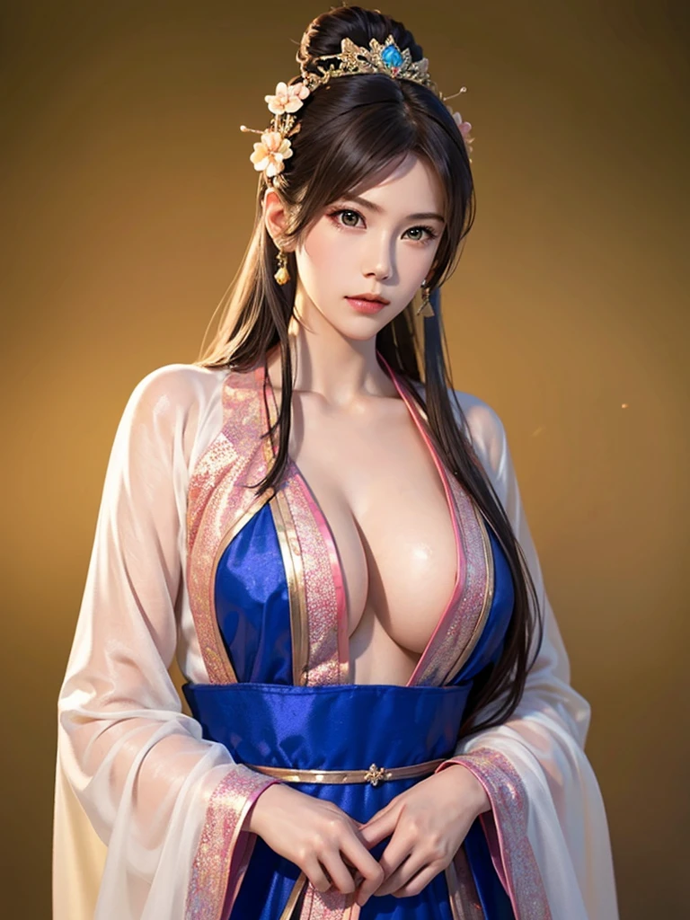 ancient chinese princess ， A girl wearing Hanfu, visual audience，,  Beautiful Girls、Delicate body, Exquisite Eyes , Big 、Long hair,、Hair accessories Han Dynasty、Eternal,whole body、Lower Body，Three Kingdoms， (solid color background,,  simple background), Smoky environment, Adds a touch of mystery and drama to the scene. Soft and even lighting, Casts soft shadows, Create an atmosphere of seriousness and focus.