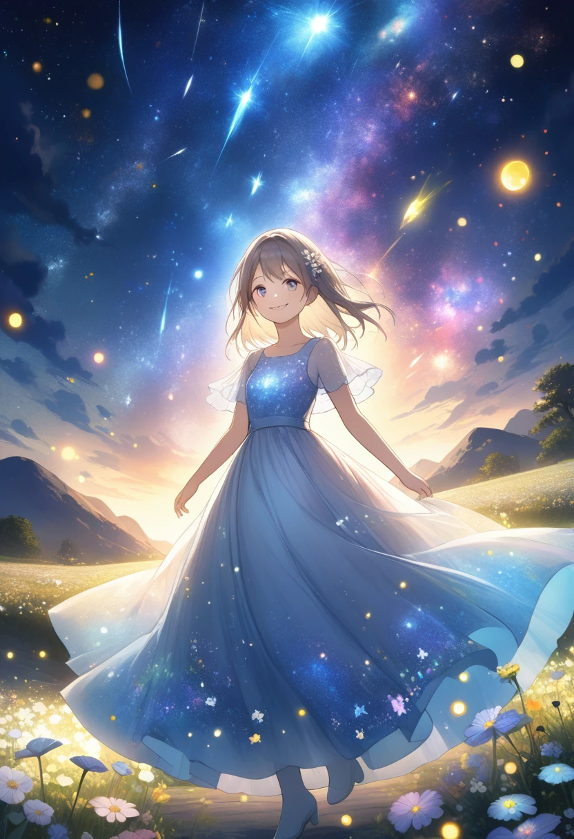 Delicate and dynamic, Fireflies flying around emitting small lights, Knight , Starry Sky, milky way, nebula, meteor, flower,,smile, Delicate eye depiction, Healthy body shape, カラフルなflower飾り,  Crystal Clear Dress, Colorful long dresses,