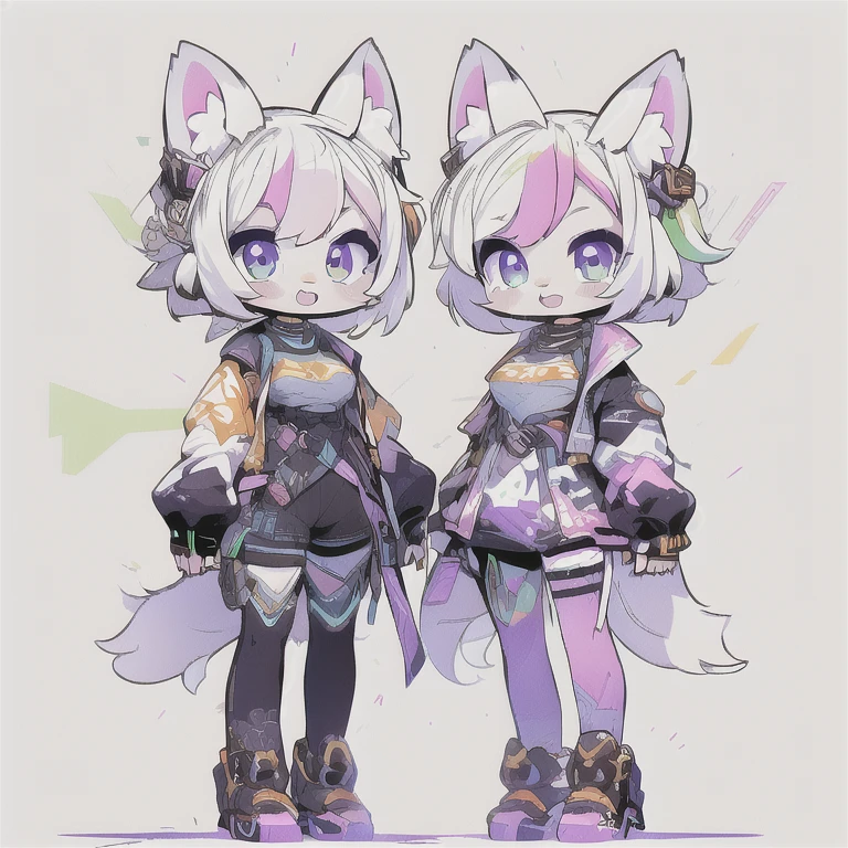 Female hairy purple fox,  fox ears, fox tail, gym clothes ,  wide hips , white skin body, simple background, Whole body, standing, Chibi. (cyberpunk style), ( masterpiece ,  high quality ,  best quality, 8k,  High resolution), ((chibi style, Chibi cute)), (Alone, A girl  ), {fox girl, Fox Face, 2 fangs , long eyelashes, eyeliner} {fox mustaches }, ((( Fox skin all over the body,  fox stripes on the body , visible ears  ))), ((Long rainbow hair)), hair clip, [[hair clip Cyberpunk]], ((very happy)), ((open mouth)), [Rainbow pupil ], ((looking up)), (very small breasts), thin arms, ( arm down), armpits, ((Mini T-shirt,  full white t-shirt )), {Calsa Legging brancos}, {{{ mini tiger tail ,  tail on the back }}}, (((Goal from above the body))), (((standing,  choppy heel angle ))),  dynamic pose , white background, simple background , (((( Tora-chan style on Hanayome )))), (( dazzling vivid color)), ANIME STYLE, Color of Mango .  masterpiece , perfect anatomy.