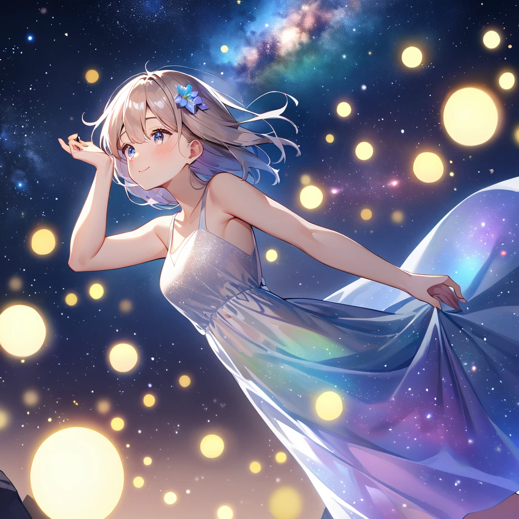 Delicate and dynamic, Fireflies flying around emitting small lights, Knight , Starry Sky, milky way, nebula, meteor, flower,,smile, Delicate eye depiction, Healthy body shape, カラフルなflower飾り,  Crystal Clear Dress, Colorful long dresses,