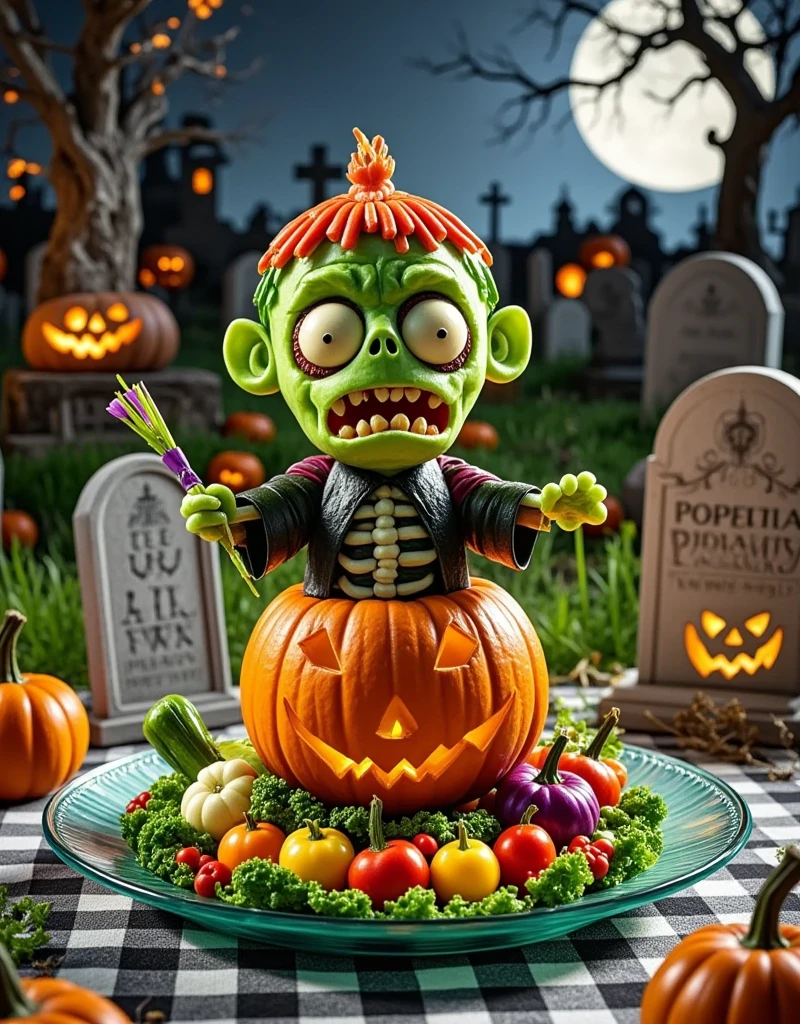 Halloween night， All kinds of vegetables are cleverly put together to make a cute zombie eating a pumpkin brain，Realistic Photography，Halloween Food Carving ，unique styling，Colorful colors ，Vivid colors， Standing on a high-grade transparent jade plate ，Spooky cemetery， Covered with a checkered tablecloth ，Detailed depiction， Food Product Photography ，Film and television lighting effects，Advanced Filters，Octane Rendering