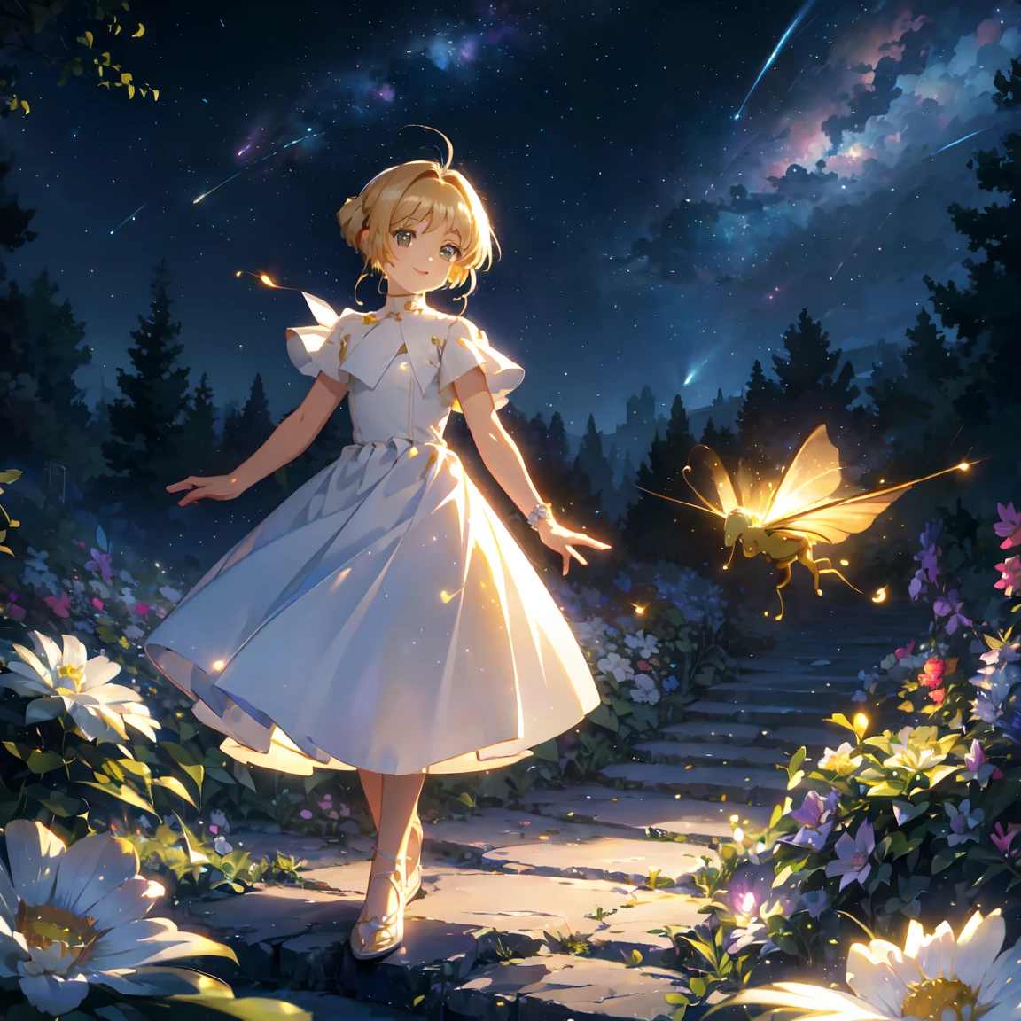 Delicate and dynamic, Fireflies flying around emitting small lights, Knight , Starry Sky, milky way, nebula, meteor, flower,,smile, Delicate eye depiction, Healthy body shape, カラフルなflower飾り,  Crystal Clear Dress, Colorful long dresses,