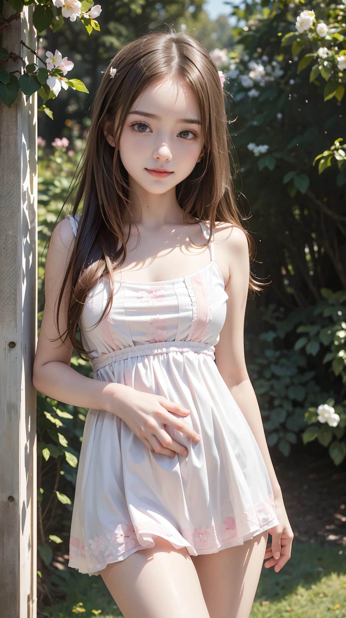 masterpiece, Best Quality,  RAW Photos,  Pastel Pink Garden, ( the wind is blowing ), ( female middle school student,  BEAUTIFUL GIRLS, smug face:1.5, Baby Face:1.5), (delicate beauty, delicate), (White shirt dress),  semi-long, (No bangs), (Hair blowing in the wind:1.4), (Beautiful breasts),  white skin, (pure), light makeup,  looking at the camera, Gross々cheek, (cheekの上の光), Pastel Flowers々, Natural Light,  BEAUTIFUL GIRLS, (pure), The right build, ( Tight Waist ), ( slender body line), (Small and slender figure), (Detailed hands:1.3, Perfectly right move), ( detailed eyes and faces that resist tentacles:1.2, Professional photography), ((Cute dynamic pose))