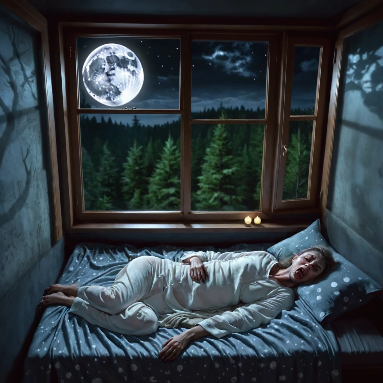 Woman sleeping in the bedroom with a full moon in the background, transformation into werewolf, growing fur, by loboleo, shocked, in pain, curved pose, screaming,werewolf, in pain, realistic, photorealistic, ultra realistic concept art, photorealistic horror,hyperrealistic nightmare scene,  dramatic, cinematic,quality 8k, ultra realistic, hyper realistic,deep details, dynamic pose