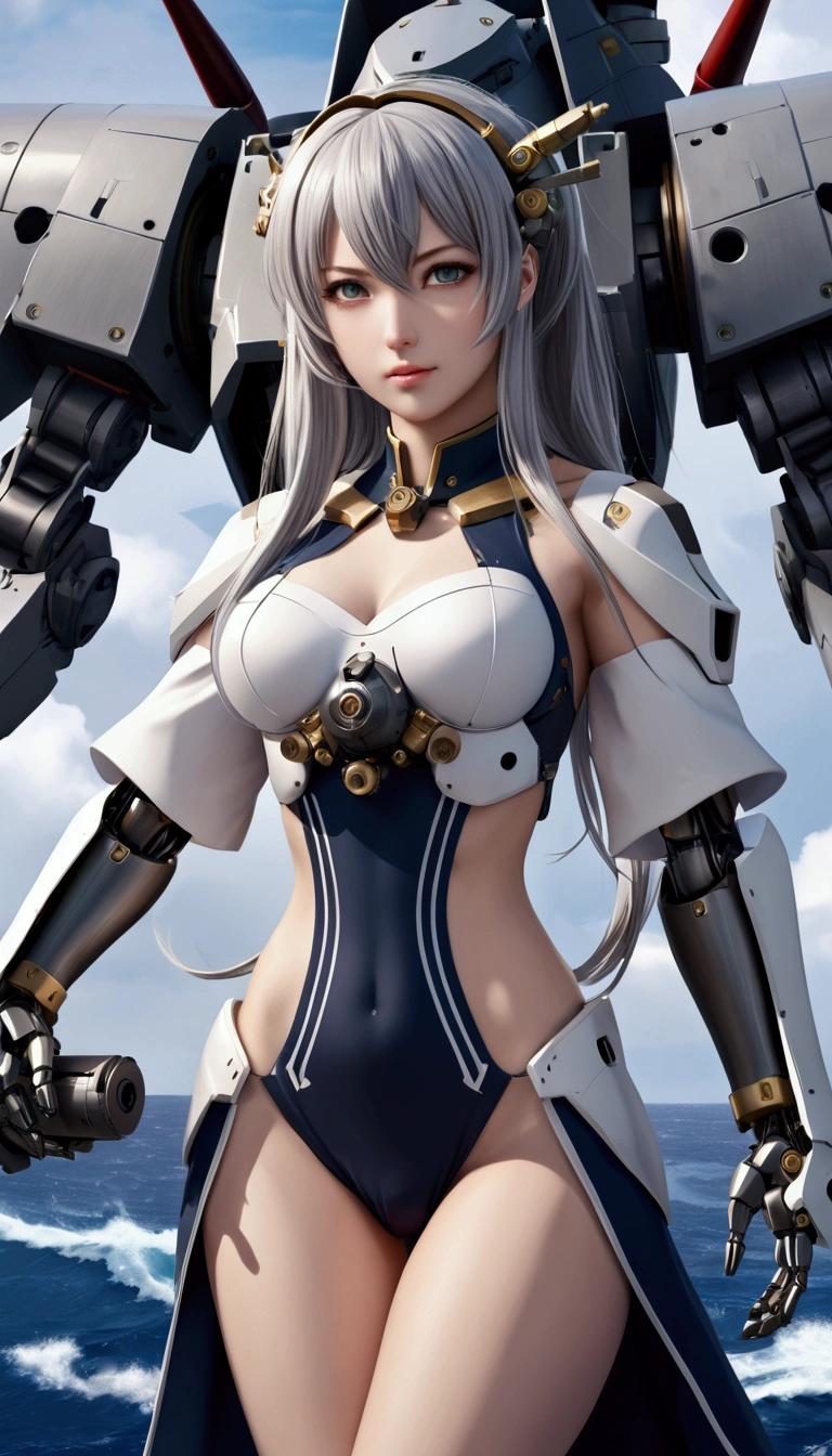 Robotic, cybernetic body, Realistic, photography, Beautiful face, beautiful chests, dress with armory and artillery, Kantai collection, ship-girl, Azurlane