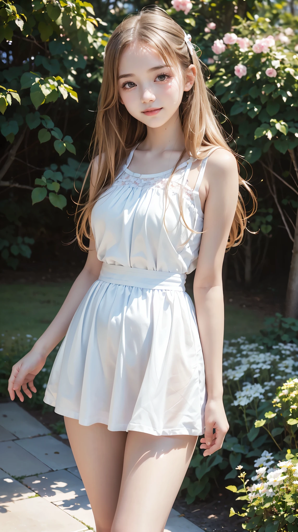 masterpiece, Best Quality,  RAW Photos,  Pastel Pink Garden, ( the wind is blowing ), ( female middle school student,  BEAUTIFUL GIRLS, smug face:1.5, Baby Face:1.5), (delicate beauty, delicate), (White shirt dress),  semi-long, (No bangs), (Hair blowing in the wind:1.4), (Beautiful breasts),  white skin, (pure), light makeup,  looking at the camera, Gross々cheek, (cheekの上の光), Pastel Flowers々, Natural Light,  BEAUTIFUL GIRLS, (pure), The right build, ( Tight Waist ), ( slender body line), (Small and slender figure), (Detailed hands:1.3, Perfectly right move), ( detailed eyes and faces that resist tentacles:1.2, Professional photography), ((Cute dynamic pose))