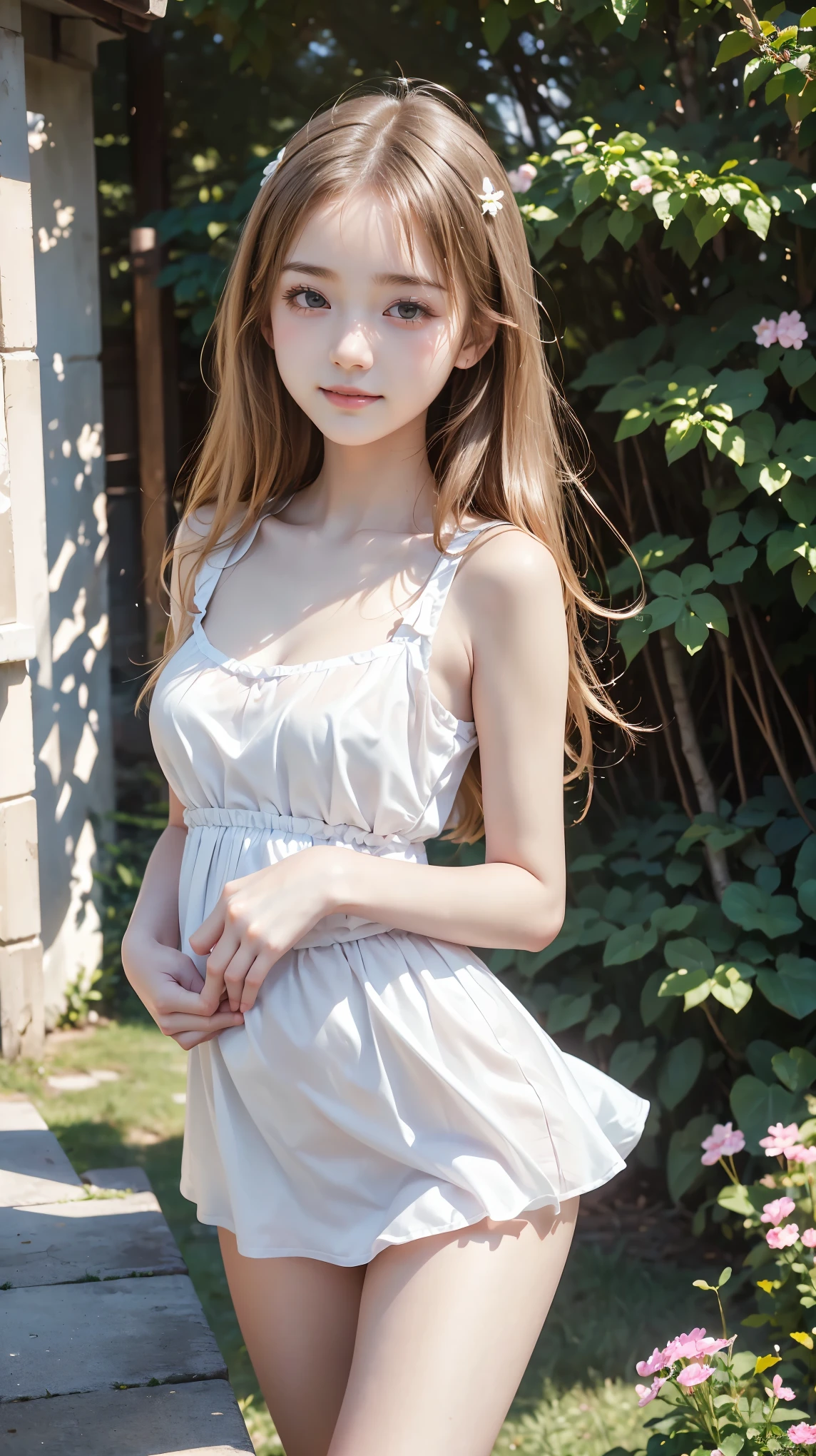 masterpiece, Best Quality,  RAW Photos,  Pastel Pink Garden, ( the wind is blowing ), ( female middle school student,  BEAUTIFUL GIRLS, smug face:1.5, Baby Face:1.5), (delicate beauty, delicate), (White shirt dress),  semi-long, (No bangs), (Hair blowing in the wind:1.4), (Beautiful breasts),  white skin, (pure), light makeup,  looking at the camera, Gross々cheek, (cheekの上の光), Pastel Flowers々, Natural Light,  BEAUTIFUL GIRLS, (pure), The right build, ( Tight Waist ), ( slender body line), (Small and slender figure), (Detailed hands:1.3, Perfectly right move), ( detailed eyes and faces that resist tentacles:1.2, Professional photography), ((Cute dynamic pose))