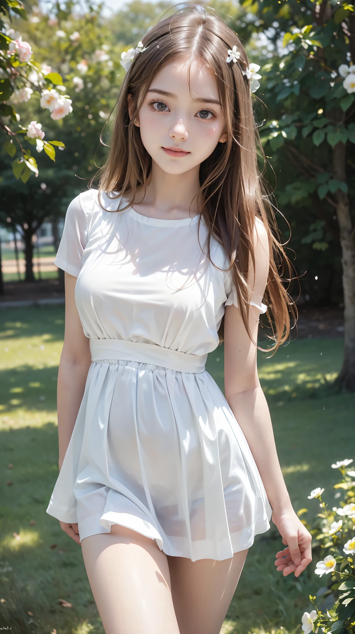 masterpiece, Best Quality,  RAW Photos,  Pastel Pink Garden, ( the wind is blowing ), ( female middle school student,  BEAUTIFUL GIRLS, smug face:1.5, Baby Face:1.5), (delicate beauty, delicate), (White shirt dress),  semi-long, (No bangs), (Hair blowing in the wind:1.4), (Beautiful breasts),  white skin, (pure), light makeup,  looking at the camera, Gross々cheek, (cheekの上の光), Pastel Flowers々, Natural Light,  BEAUTIFUL GIRLS, (pure), The right build, ( Tight Waist ), ( slender body line), (Small and slender figure), (Detailed hands:1.3, Perfectly right move), ( detailed eyes and faces that resist tentacles:1.2, Professional photography), ((Cute dynamic pose))