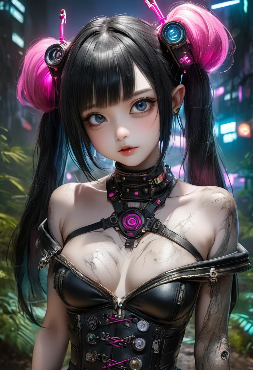 Top Quality, Masterpiece, Ultra High Resolution, (Photorealistic: 1.4), Raw Photo, 1 Girl, Black Hair, Glossy Skin, 1 Mechanical Girl, (Ultra Realistic Detail)), Portrait, Global Illumination, Shadows, Octane Rendering, 8K, Ultra Sharp, Big, Cleavage Exposed Raw Skin, Metal, Intricate Ornament Details, Japan Details, Very intricate details, realistic light, CGSoation trend, purple eyes, glowing eyes, facing the camera, neon details, mechanical limbs, blood vessels connected to the tube, mechanical vertebrae attached to the back, mechanical cervical attachment to the neck, sitting, wires and cables connecting to the head, gundam, small LED lamps,