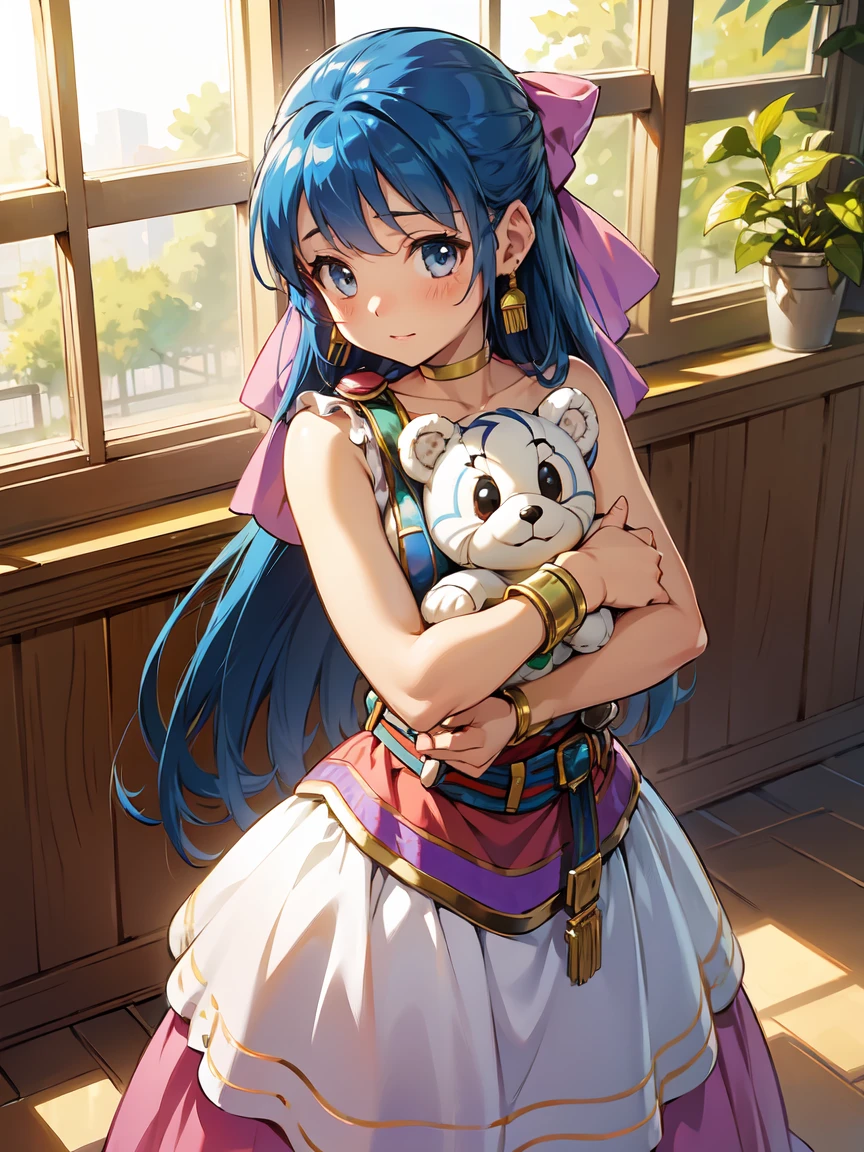 ((Hug a stuffed animal)), Cafe, Hug a stuffed animal, Window,  coffee cup , Soft afternoon sunshine, Calm interior, Calm time, black, hair bow, bracelet, choker, earrings, long dress, sash,  girl,