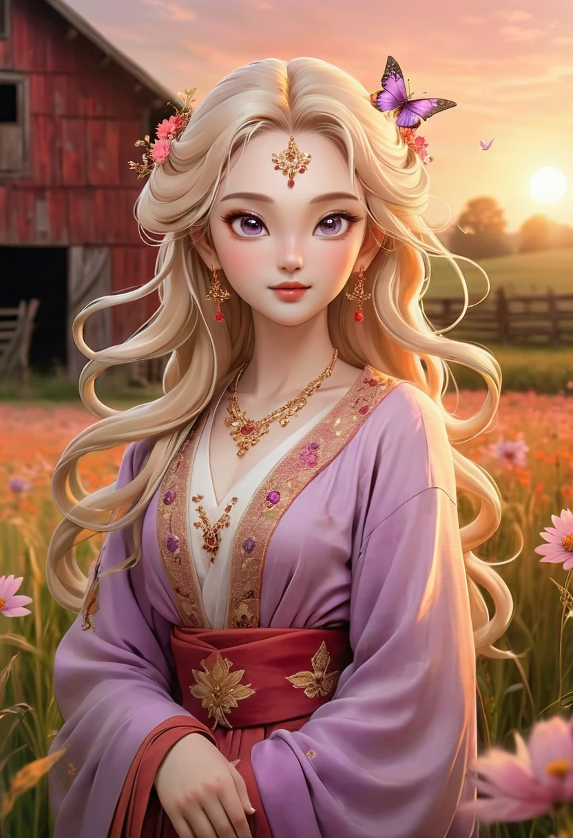 A beautiful woman, blonde female goddess ,  with long wavy hair that shines in the sun .  Her eyes are red like rubies ,  emitting an intense and mysterious glow .  She is on a lush farm field ,  surrounded by wild flowers and green grass . In the background,  there's a rustic barn and animals grazing quietly .  The sky at dawn is a gradient of orange and pink ,  illuminating the scene with a soft light .  The goddess wears a purple robe rich in details ,  adorned with delicate embroidery .  Glittering jewels adorn her neck ,  pulsating like stars ,  and ruby droplet-shaped earrings frame your face .  Details such as butterflies dancing around you and the gentle swaying of wheat ears add a magical touch to the ambience.." 