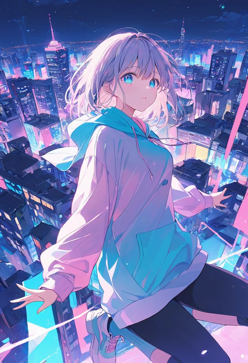 ((anime,pastel))、 woman, is jumping, wearing a hoodie, blue eyes ,Shining Eye ,tears, spilling out of eyes ,tearsが輝く, neon color scheme ,City buildings,night景,Shining,night, light shines in , moving scene ,Pull Angle Masterpiece,Best Quality,Exquisite,8k, absurd, super detailed illustration ,( watching the audience)