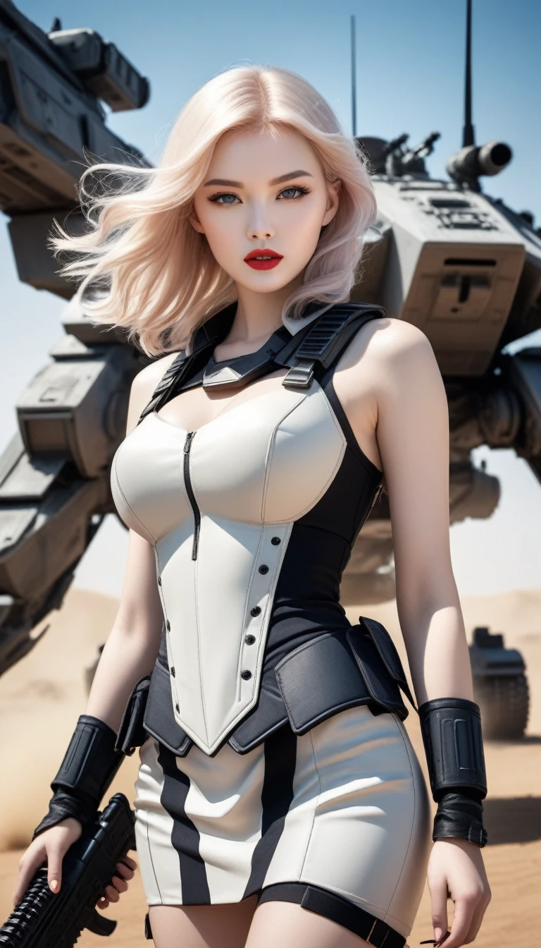 Fighting scene, ((Beautiful face)) beautiful chests, soft makeup lipstick, pale nature white skin female, beautiful chests, pretty modern dress with armory, ride panzer on alien planet