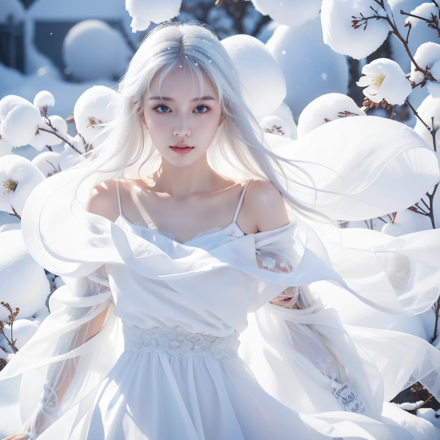 1girll,(Snow,Ice), snowflower, In winter, White hair, Shiny hair, Wavy hair, Transparent clothes, frilld, Lace, Wet clothes, Off_Shoulder, hair scrunchie,Masterpiece, Telephoto lens, absurderes, Exquisite facial features