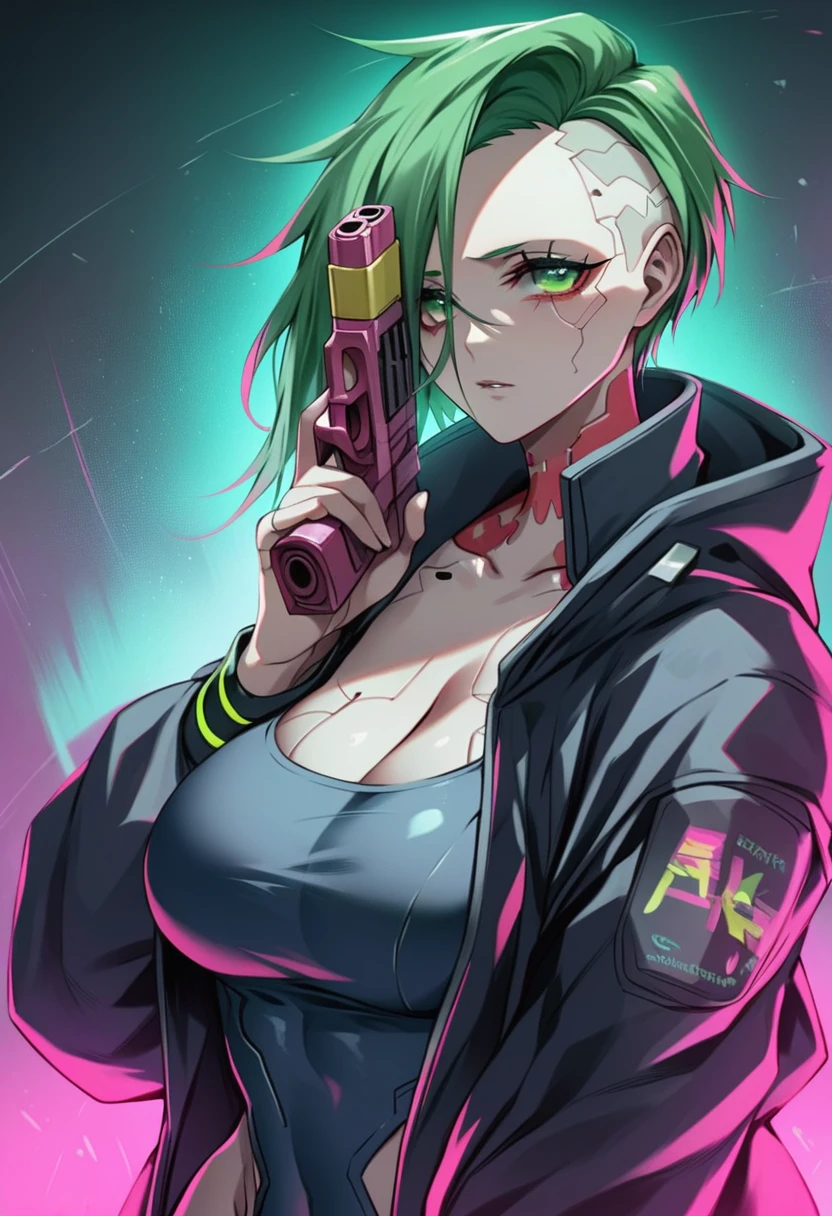 a woman with green eyes and a black jacket holding a gun, anime cyberpunk art, cyberpunk anime girl, best anime 4k konachan wallpaper, cyberpunk anime girl mech, female cyberpunk anime girl, cyberpunk anime art, anime style 4 k, digital cyberpunk anime art, cyberpunk anime girl in hoodie, anime wallpaper 4k, anime wallpaper 4 k, anime cyberpunk