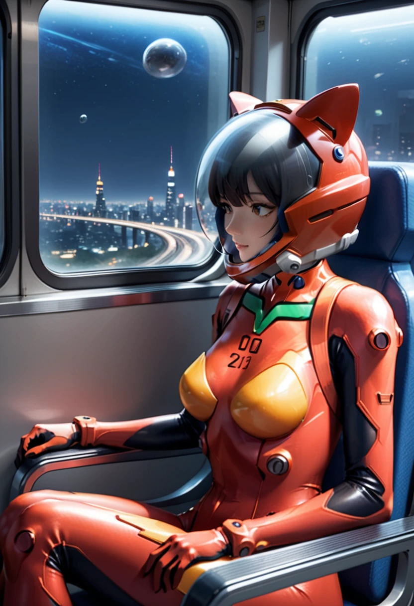 space helmet, (cinematic scene, sitting on a chair, train interior, , city view, night view: 1.5), space helmet, eva helmet, space suit, astronaut), smile bubble helmet, very detailed, speed helmet, bubble helmet, ,upper body, astronaut),eva helm, spacesuit , astronaut),girl, wearing a ( (headsets:1.5),plugsuit, red bodysuit,evangelion,red helmet, space helme, cat ears, 