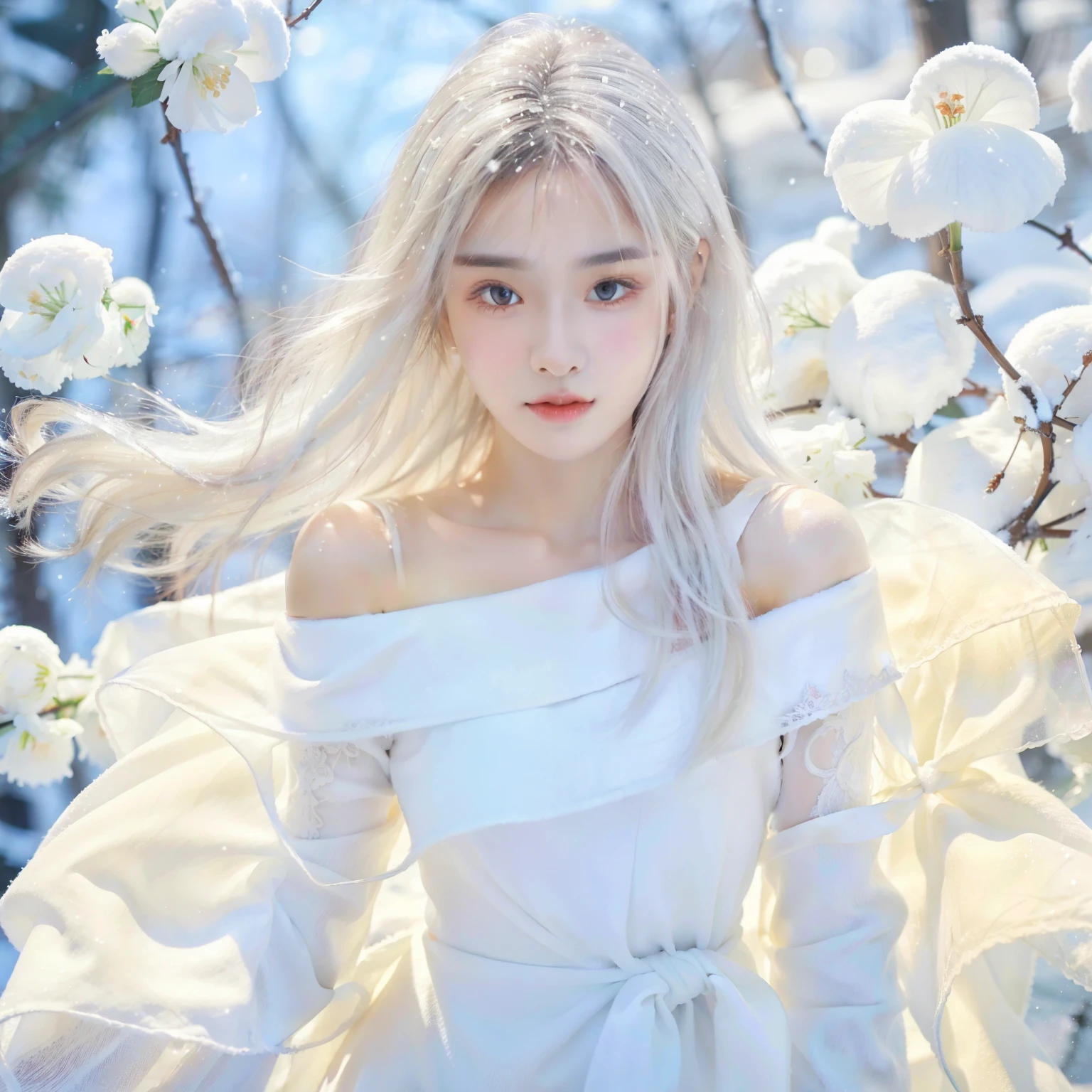 1girll,(Snow,Ice), snowflower, In winter, White hair, Shiny hair, Wavy hair, Transparent clothes, frilld, Lace, Wet clothes, Off_Shoulder, hair scrunchie,Masterpiece, Telephoto lens, absurderes, Exquisite facial features