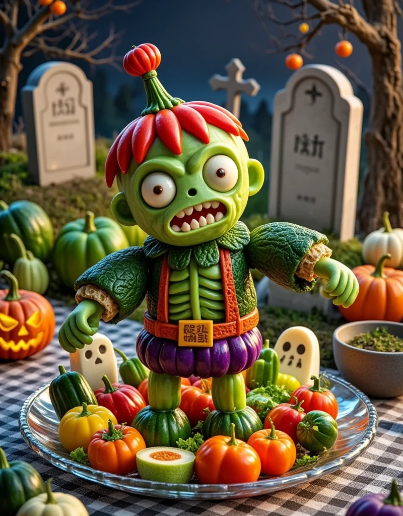 Halloween night，All kinds of vegetables are cleverly put together into a cute zombie from the Qing dynasty in China，Realistic Photography，Food Carving ，unique styling，Colorful colors ，Vivid colors， Standing on a high-grade transparent jade plate ，Spooky cemetery， Covered with a checkered tablecloth ，Detailed depiction， Food Product Photography ，Film and television lighting effects，Advanced Filters，Octane Rendering