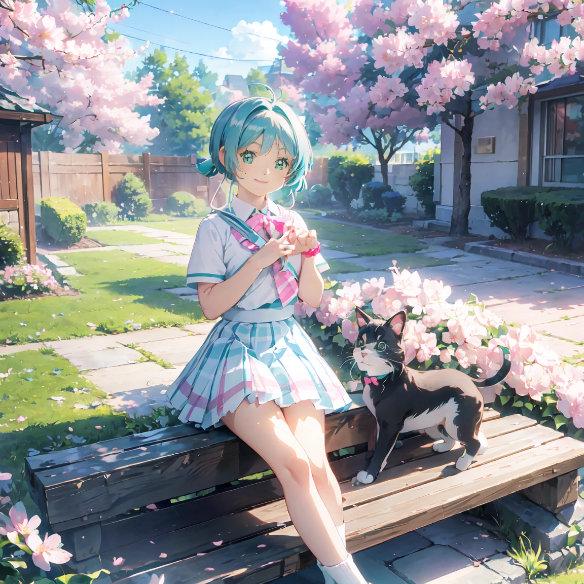 cherry blossoms, Jardin, Flor,  1 Girl (  Anime Aqua  ),blue hair,Long Hair,Green Eyes, headband ,  light blue hair,uniform, white shirt , Pink Plaid Skirt,Black thighs, , Lofale ,whole body, Alone,  Cute Cat Pose , Happy smile, Cat ears,