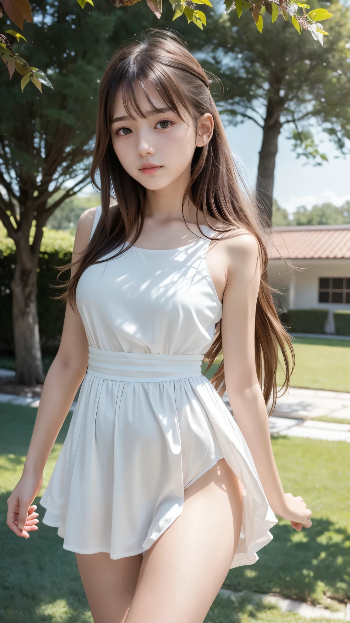 masterpiece, Best Quality,  RAW Photos,  Pastel Pink Garden, ( the wind is blowing ), ( female middle school student,  BEAUTIFUL GIRLS, cute doya face:1.3, Baby Face:1.5), (delicate beauty, delicate), (White shirt dress),  semi-long, (No bangs), (Hair blowing in the wind:1.4), ((Beautiful breasts)),  white skin, (pure), light makeup,  looking at the camera, Gross々cheek, (cheekの上の光), Pastel Flowers々, Natural Light, ((Small beautiful butt)), (pure), Correct girl physique , Thin thighs, (( accentuated thin waist)), ( slender body line), (Small and slender figure), (Detailed hands:1.3, Perfectly right move:1.1), ( detailed eyes and faces that resist tentacles:1.2, Professional photography), (( dynamic pose))