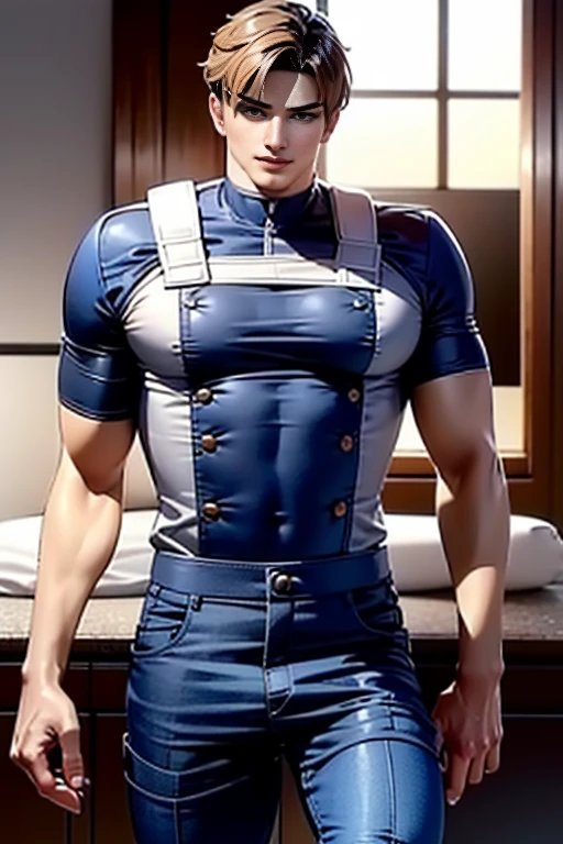 (High-definition CG), ( Best Quality ), (High-definition CG), ( Best Quality ), (. Kennedy), (Overall view)  Huagai with a cool and handsome face  ,SWAT Clothing,  Beauty, 18 years old,  Toned and muscular,  With a cool and handsome face , Sharp Eye