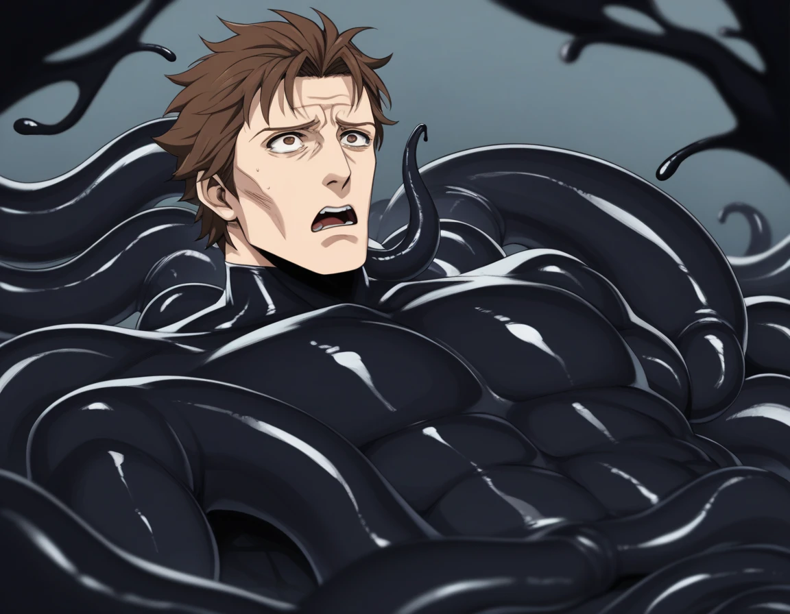 anime characters:Priapus in Venom Tights, 1个年轻的muscular man, male focus, buzz clip, White Venom Skinny Suit, venom logo, Many shiny black slime tentacles, around the body, The tentacles reached into the mouth, muscular man, extra large breasts, only, alone, short yellow hair, stubble, yellow eyes, blink, White background, simple background, amazing quality, best aesthetics, Ridiculous, bright pupils, short hair, open lips, blush, open lips, moan, Slobber, traces of saliva, Endure the face, best quality