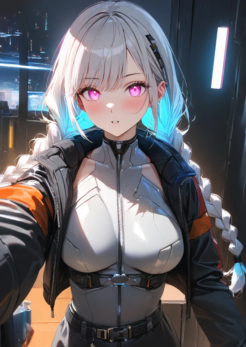 1girl,silver hair,twin braids,futuristic ,belt,glowing eyes, colourful glowing hair, wearing sci-fi jacket, high detail, glowing light, 4K UHD, retina, masterpiece, accurate, anatomically correct, textured skin, super detail, high details, high quality, award winning, best quality, taking selfie