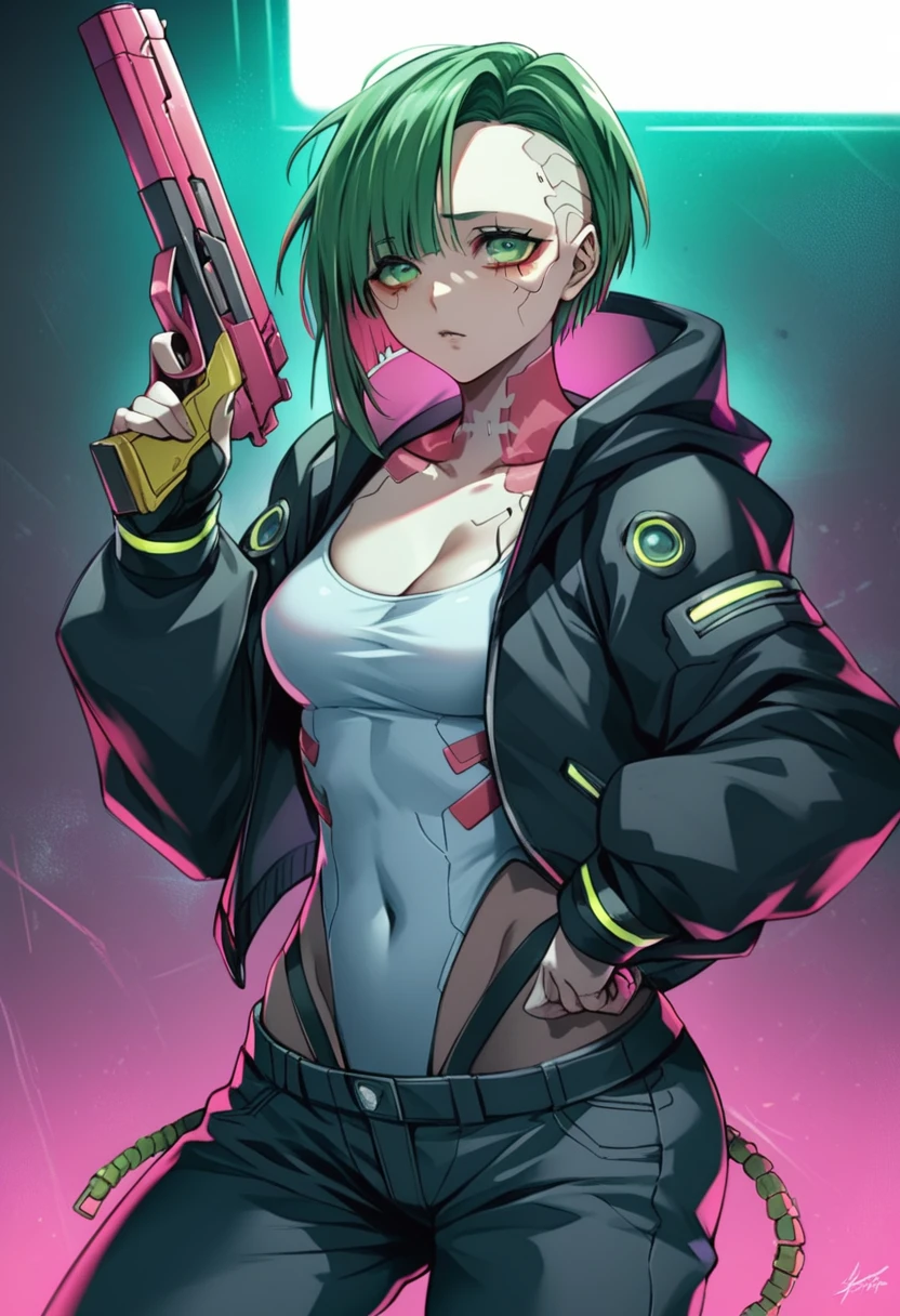 a woman with green eyes and a black jacket holding a gun, anime cyberpunk art, cyberpunk anime girl, best anime 4k konachan wallpaper, cyberpunk anime girl mech, female cyberpunk anime girl, cyberpunk anime art, anime style 4 k, digital cyberpunk anime art, cyberpunk anime girl in hoodie, anime wallpaper 4k, anime wallpaper 4 k, anime cyberpunk