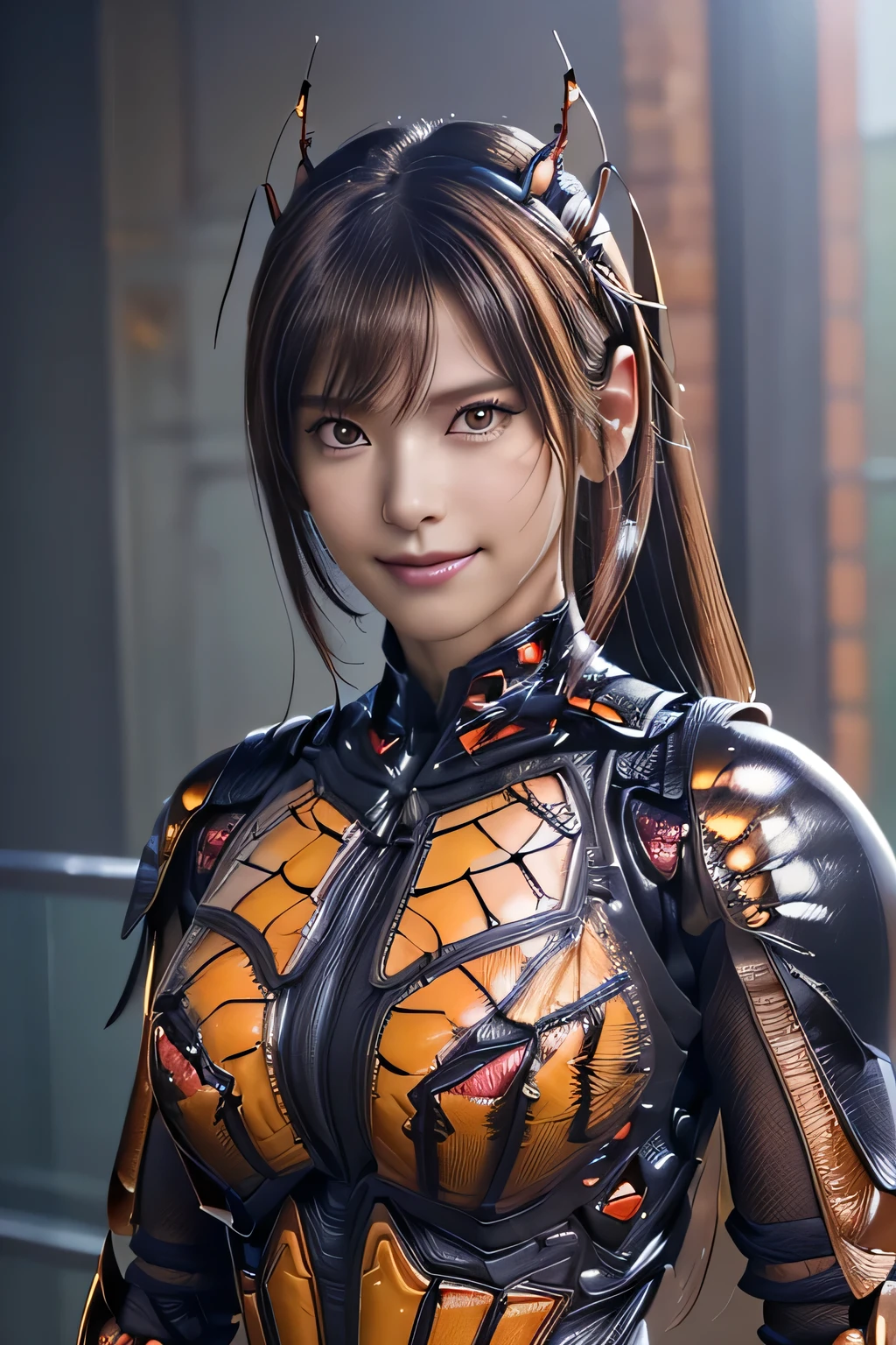 (high resolution,masterpiece,best quality,extremely detailed CG, anime, official art:1.4), realistic, photo, amazing fine details, all intricate, gloss and shiny,awesome many layers, 8k wall paper, 3d, sketch, kawaii, illustration,( solo:1.4), perfect female proportion,villainess, (fusion of dark brown cockroach and lady:1.4), (brown cockroach form lady:1.2), (brown cockroach lady:1.2), (fusion:1.2), (solo:1.4), (evil smile:1.2), muscular, abs, (cockroach brown exoskeleton bio insect suit:1.4), (cockroach brown exoskeleton bio insect armor:1.2), (brown transparency cockroach wing:1.4), (brown cockroach antennae:1.3),