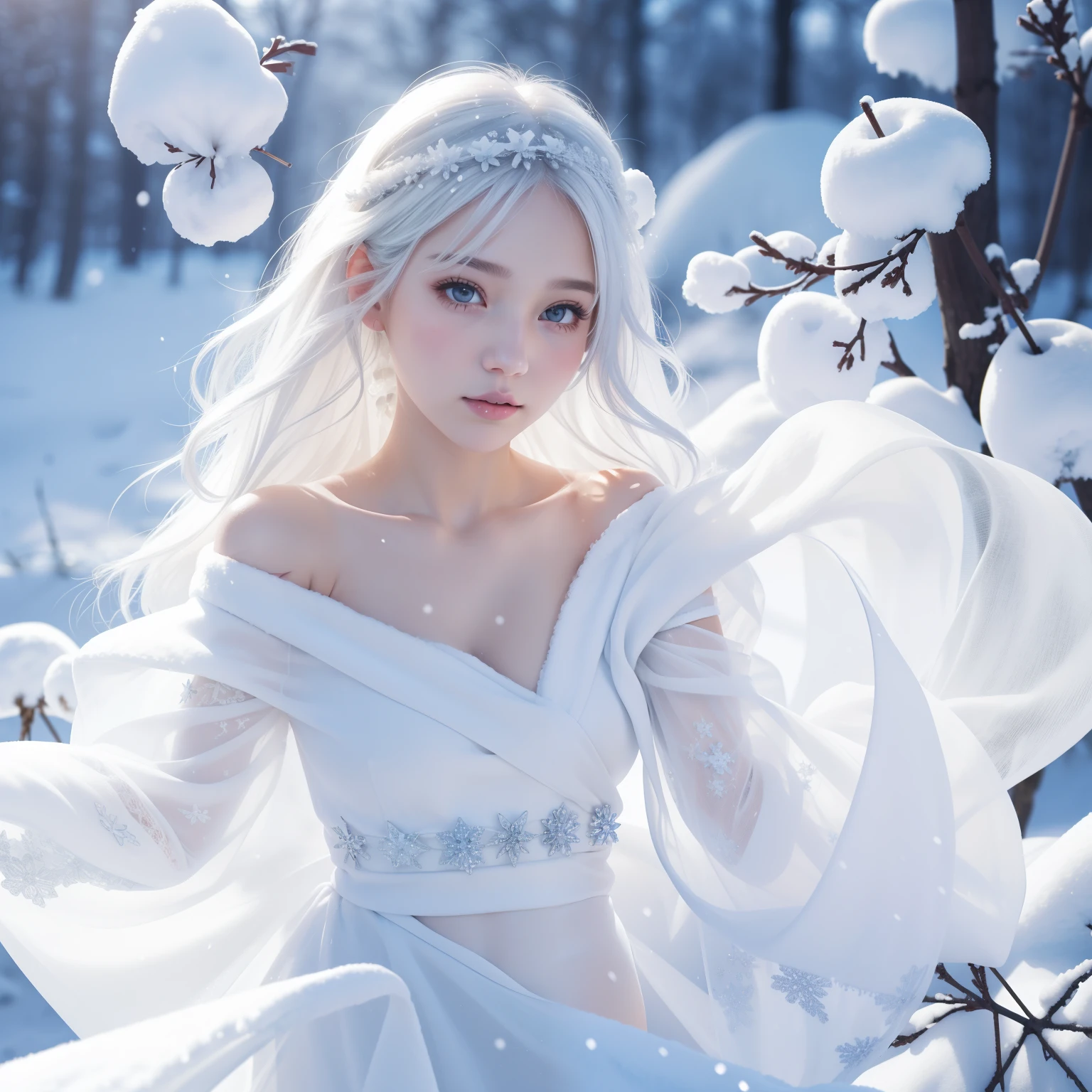 1girll,(Snow,Ice), snowflower, In winter, White hair, Shiny hair, Wavy hair, Transparent clothes, frilld, Lace, Wet clothes, Off_Shoulder, hair scrunchie,Masterpiece, Telephoto lens, absurderes, Exquisite facial features