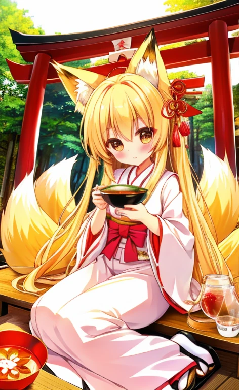   beautiful long blonde girl drinking Japanese tea　Shrine maiden　Fox Ears　 fox tail　shrine　日本茶を飲む 