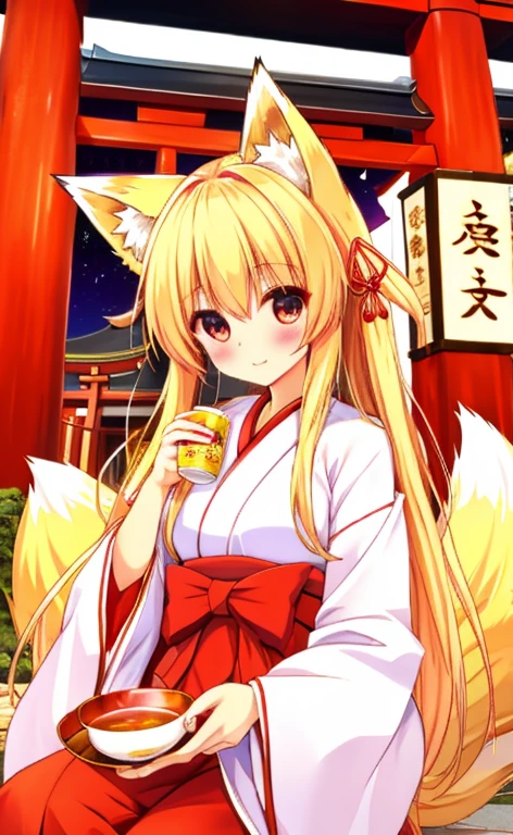   beautiful long blonde girl drinking Japanese tea　Shrine maiden　Fox Ears　 fox tail　shrine　日本茶を飲む 