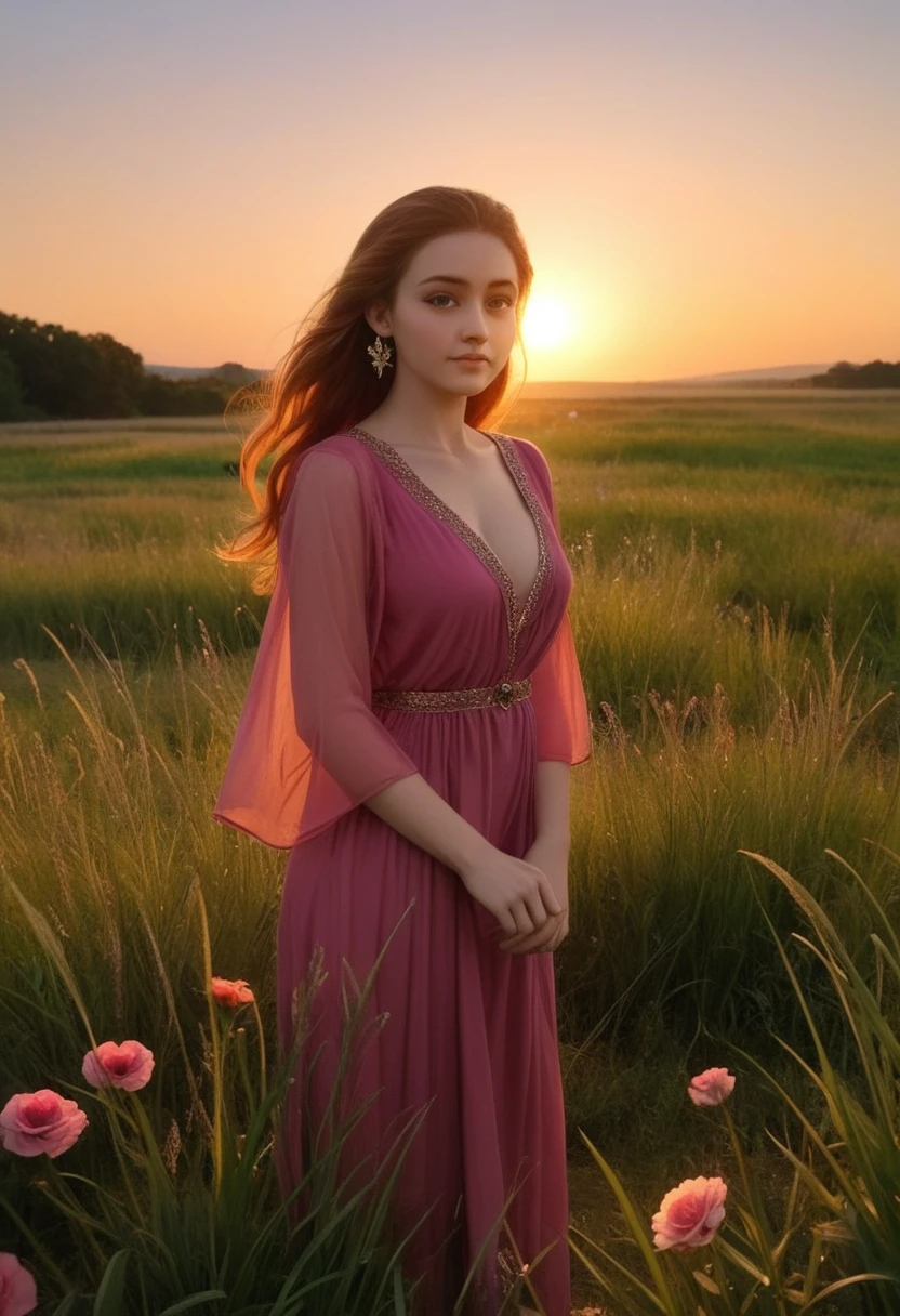 A beautiful woman, blonde female goddess ,  with long wavy hair that shines in the sun .  Her eyes are red like rubies ,  emitting an intense and mysterious glow .  She is on a lush farm field ,  surrounded by wild flowers and green grass . In the background,  there's a rustic barn and animals grazing quietly .  The sky at dawn is a gradient of orange and pink ,  illuminating the scene with a soft light .  The goddess wears a purple robe rich in details ,  adorned with delicate embroidery .  Glittering jewels adorn her neck ,  pulsating like stars ,  and ruby droplet-shaped earrings frame your face .  Details such as butterflies dancing around you and the gentle swaying of wheat ears add a magical touch to the ambience.." 