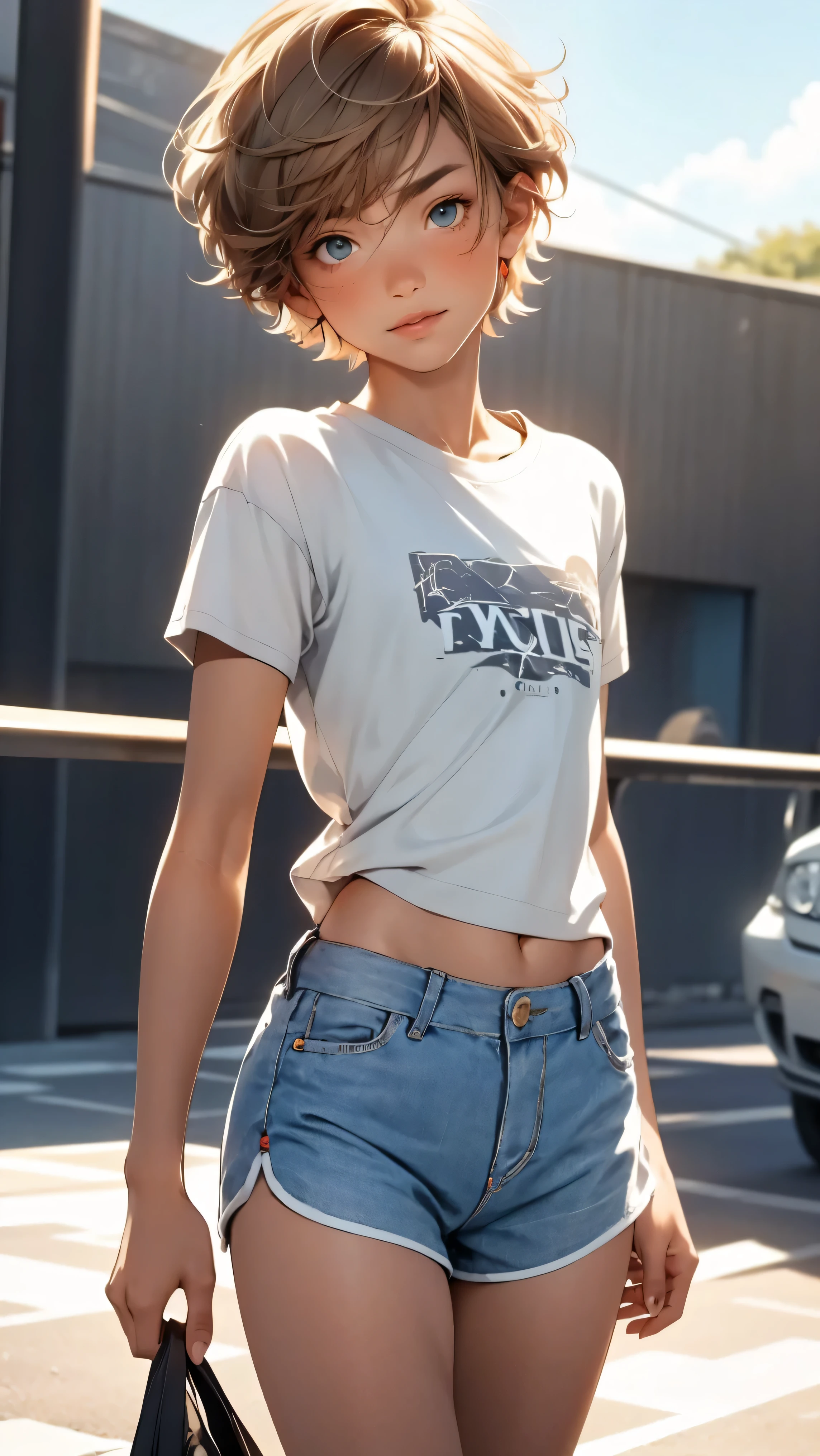 cute teenage boy, model, blond with short male haircut, fragile slim build, boy wearing short-sleeved t-shirt and very short mini-shorts, feminine body, legs long and slim like a girl, too tanned, Daisy Dukes style, hot summer, flirtatiously posing, sexy