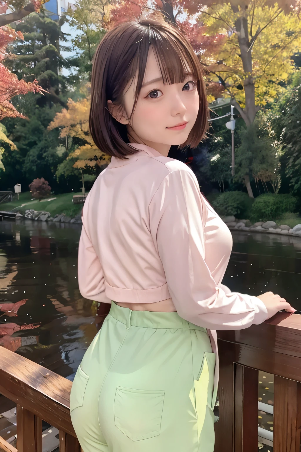 8k, raw photo, best quality, hires, realistic, photorealistic, extremely detailed 8k wallpaper, beautifully detailed eyes, finely detailed face, 
 break 
rim lighting, [cinematic lighting], 
 break 
arched crimson bridge background:1.3, light purple dusk:1.0, autumn setting, autumn trees and leaves, 
 break 
perfectly anatomically correct:1.0, 
 break 
1 female, kawaii:1.1, very short layered hair, 
edgJF_clothing, (wearing neat pantsuit:1.1, yellow-green colored bottoms:1.1, sober brown colored tops:1.1), 
(symmetrical clear eyes), chocolate color eyes with captivating reflections, 
[
cheerfully:1.0, 
symmetrical face line, stereographically baby face, 
[chiseled face, round face, (rounded chin), [double eyelids, moderate eye bags, small eyes:1.0, wide-set eyes, tareme, almond-shaped eyes], 
slope lips, [thick lips], [small nose], [[embarrassed, blush], white skinned]], 
sixteen, 
]
(high tensioned creases form in clothing due to lifted beautiful ideal spherical shape medium soft buttocks upturned:1.2), 
looking down viewer:1.0, 
 break 
sfw:1.0, 
 break 
dynamic angle, from below:1.0, from behind, feet out of frame