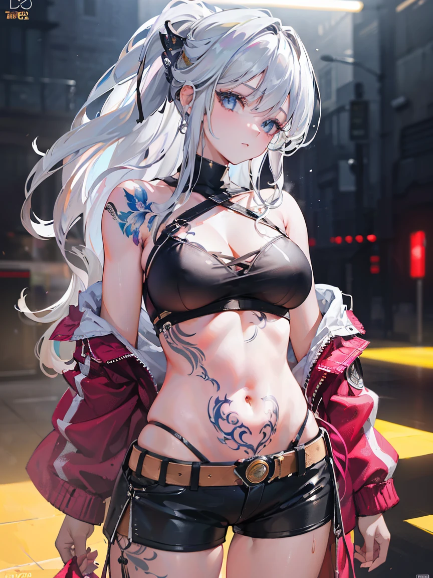 ((silver hair, long hair, 1girl, solo)), ((Tattoo from left shoulder to right hip)), coat over tube top, bike shorts, tube top, beautiful detailed eyes, beautiful detailed lips, extremely detailed eyes and face, long eyelashes, (best quality,4k,8k,highres,masterpiece:1.2),ultra-detailed,(realistic,photorealistic,photo-realistic:1.37), digital painting, concept art, hyper detailed, vibrant colors, cinematic lighting, dramatic shadows, volumetric lighting,((( Large tattoo from right shoulder to navel)))