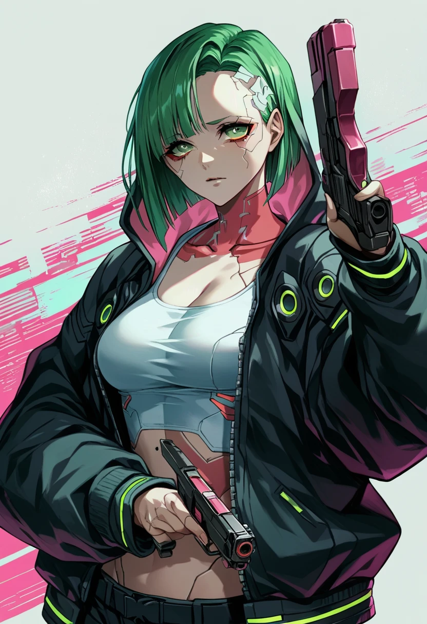 a woman with green eyes and a black jacket holding a gun, anime cyberpunk art, cyberpunk anime girl, best anime 4k konachan wallpaper, cyberpunk anime girl mech, female cyberpunk anime girl, cyberpunk anime art, anime style 4 k, digital cyberpunk anime art, cyberpunk anime girl in hoodie, anime wallpaper 4k, anime wallpaper 4 k, anime cyberpunk