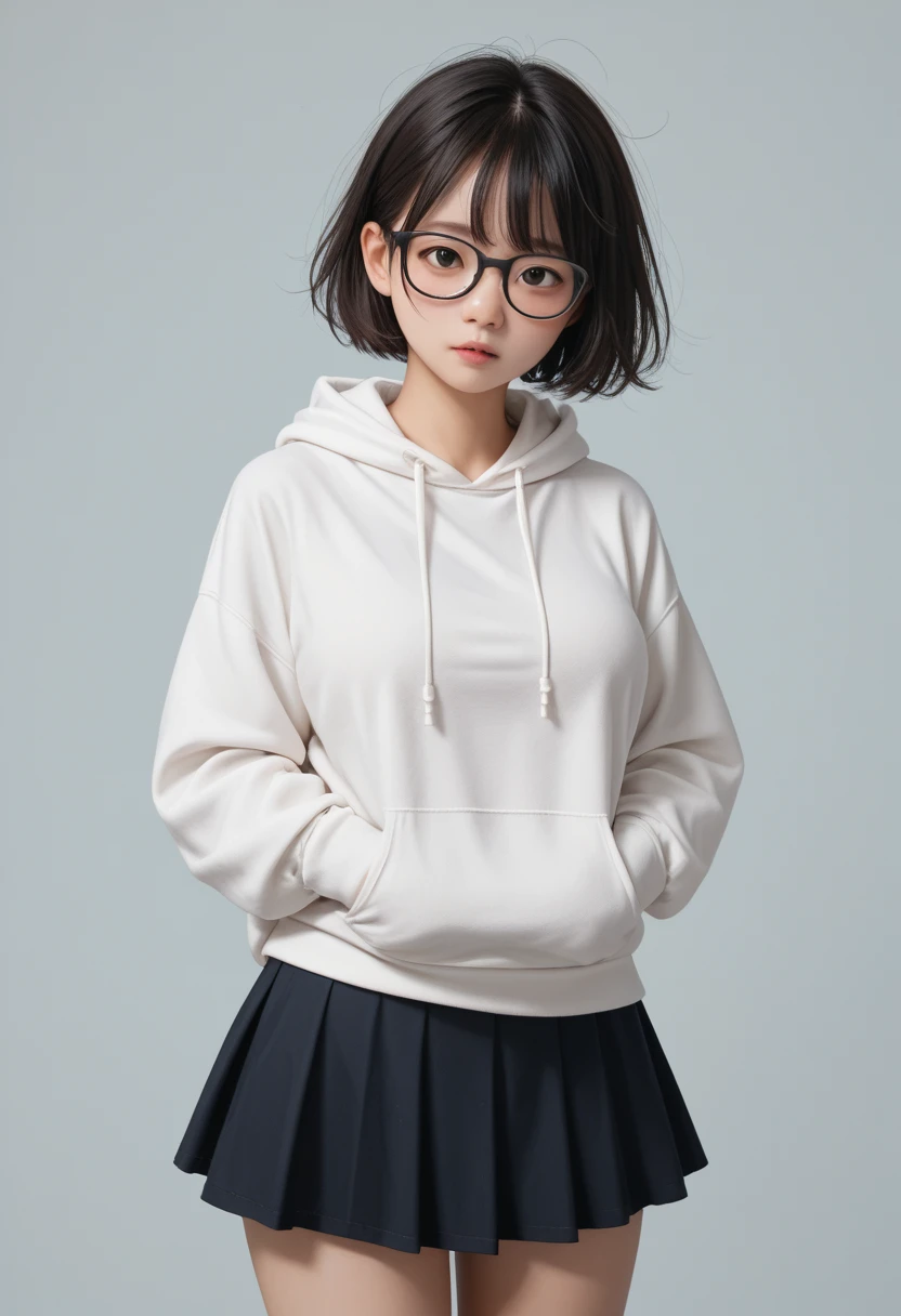 Asian,loli(messy hair:0.7)short hair,busty,Glasses,white hoodie,skirt,frills