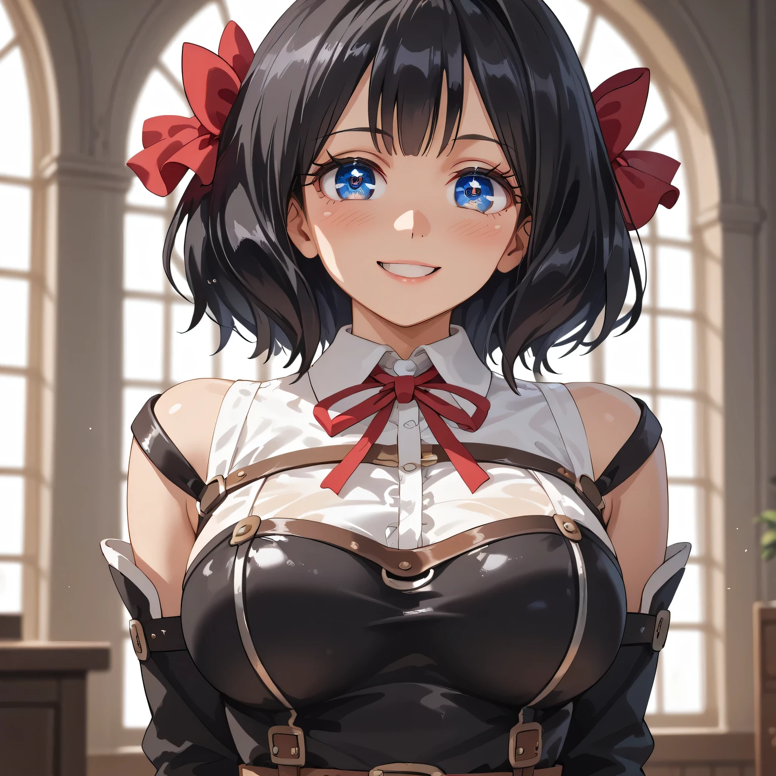 (large breasts:1.55),(shiny hair),((solo)),((masterpiece)),((best quality)),perfect anatomy,slim waist,perfect image,8k UHD,(beautiful detailed eyes:1.5),extremely detailed face,standing,(upper body:1.2),(look at the front:1.5),ultra-detailed,absurdres,ultra-highres,arms behind back,TinoShade,medium hair,black hair,(blue eyes),hair bow,red bow,white shirt,collared shirt,neck ribbon,red ribbon, harness,grey dress,black dress,detached sleeves,brown belt,belt pouch,smile,blush,indoor room,