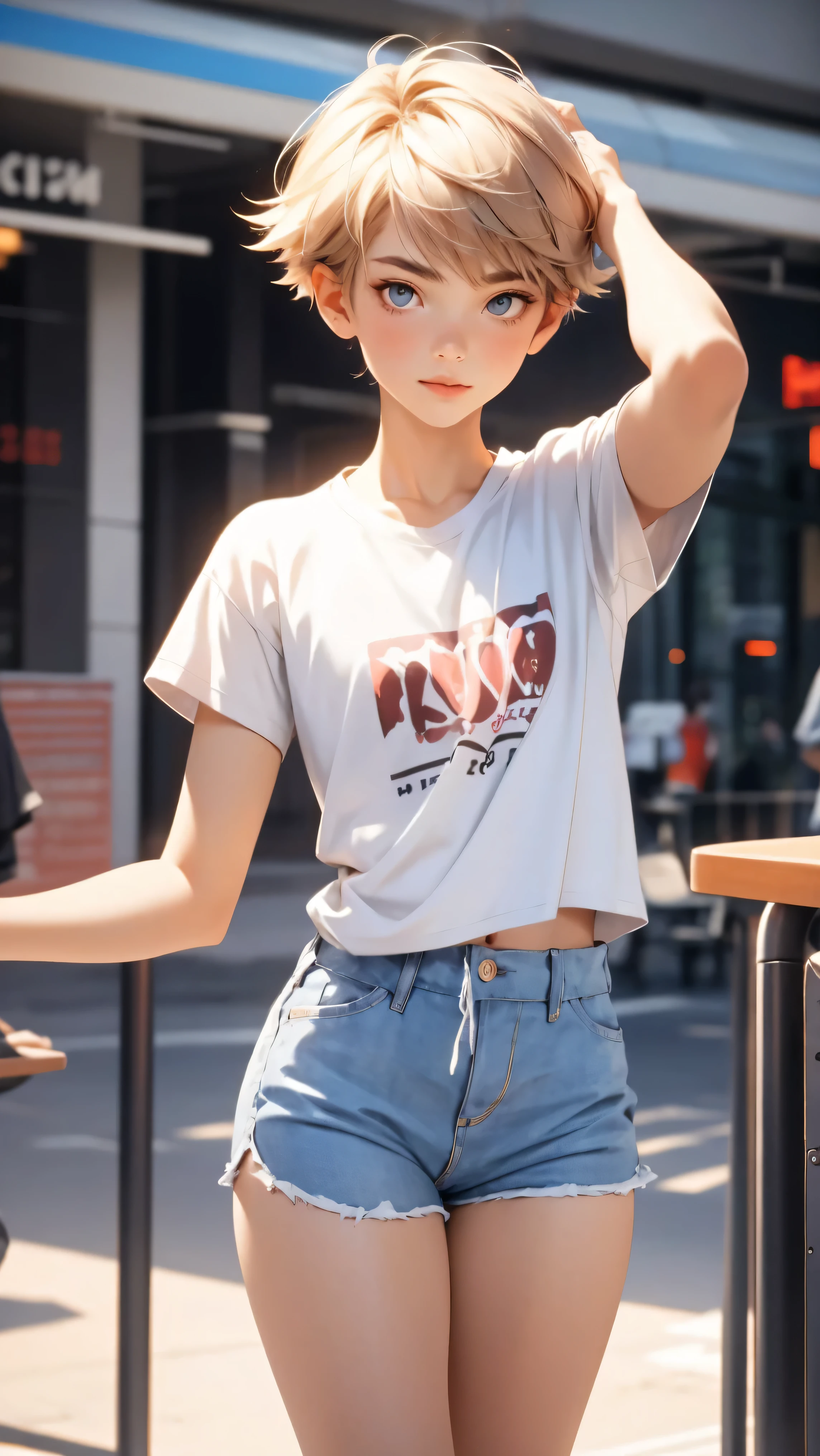 cute boy, model, blond with short male haircut, fragile slim build, boy wearing short-sleeved t-shirt and very short mini-shorts, feminine body, legs long and slim like a girl, too tanned, Daisy Dukes style, hot summer, flirtatiously posing, sexy
