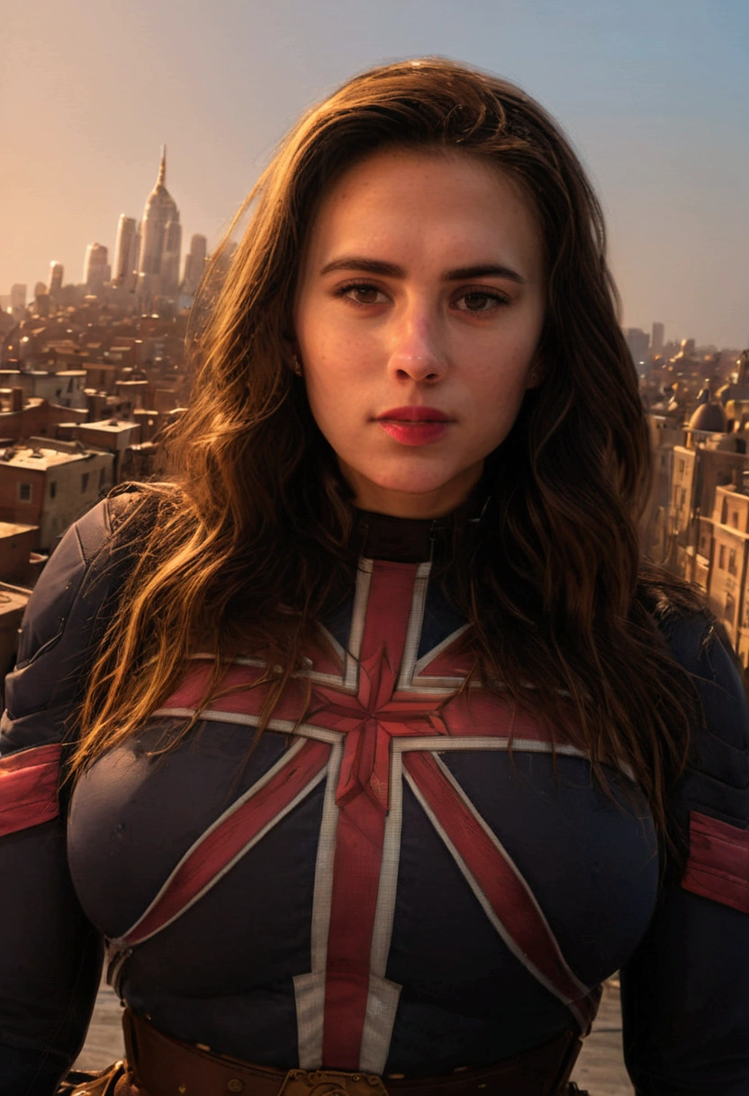 Gorgeous Captain Carter , (human face:1.4), enormous fake round breasts, rooftop, cityscape, brown hair, high definition photograph, 