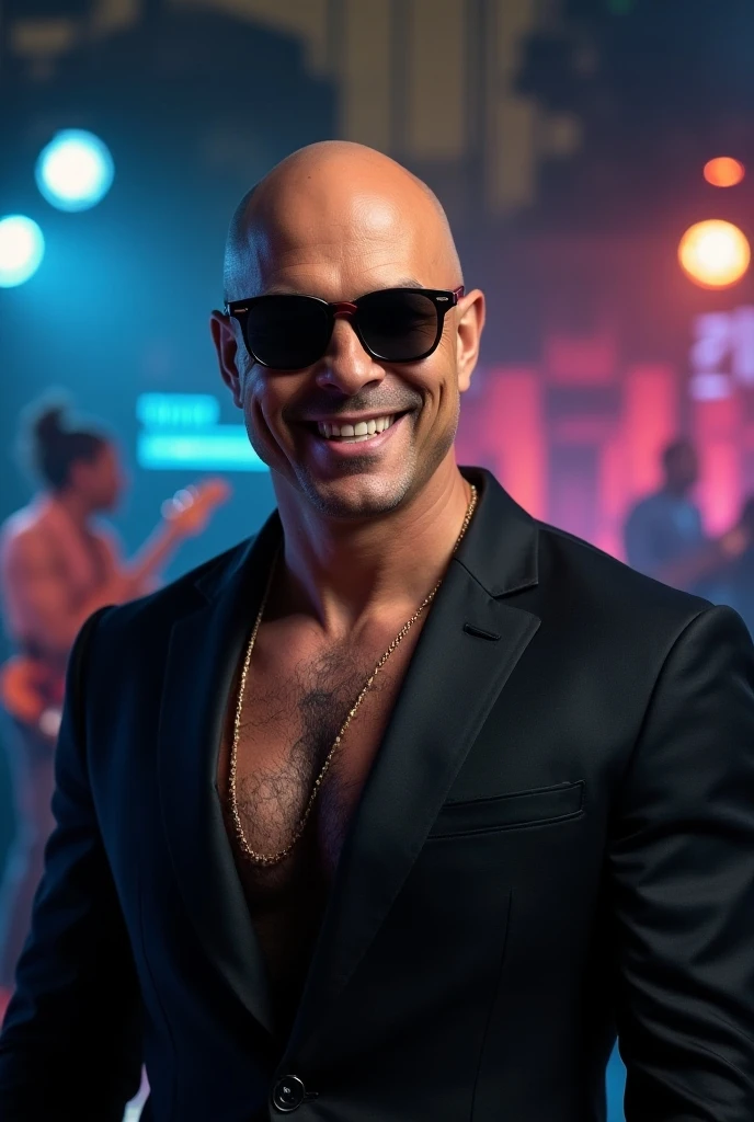 ((8k ((best quality)), ((masterpiece)), (very detailed), real face bald male very muscular male upper body wear biker chlotes sunglasses stand by wall smiling