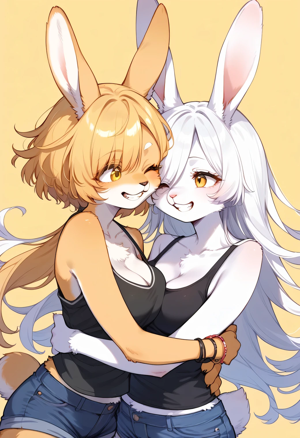 score_9, score_8_up, score_7_up, score_6_up, score_5_up, score_4_up, source_cartoon, best quality, amazing quality, very aesthetic, absurdres, 2girls, (furry, kemono:1.2), rabbit, rabbit girl, multiple girls, smile, hug, long hair, hug from behind, yellow eyes, yellow background, one eye closed, breasts, jacket, short hair, tank top, simple background, hair over one eye, bracelet, cleavage, jewelry, shorts, off shoulder, black tank top, grin, bare shoulders, cheek-to-cheek, collarbone, yuri, heads together, looking at another, makeup, teeth, yellow theme, open mouth, medium breasts, short shorts, denim shorts, upper body, denim