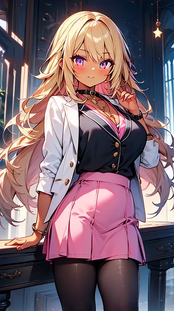 masterpiece,best quality,ultra detailed,
1girl, ((gyaru style outfits)), (pink school blazer jacket and light purple skirt), (dark skin:1.3), (blonde), very long silky hair, star eyes, shiny jet black pantyhose, big-breasts, 