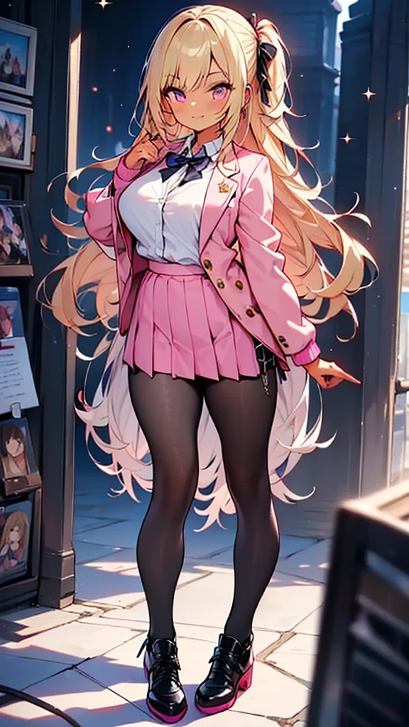 masterpiece,best quality,ultra detailed,
1girl, ((gyaru style outfits)), (pink school blazer jacket and light purple skirt), (dark skin:1.3), (blonde), very long silky hair, star eyes, shiny jet black pantyhose, big-breasts, 